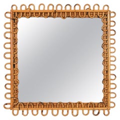 Midcentury Rattan & Bamboo Squared Wall Mirror Franco Albini Style, Italy 1960s