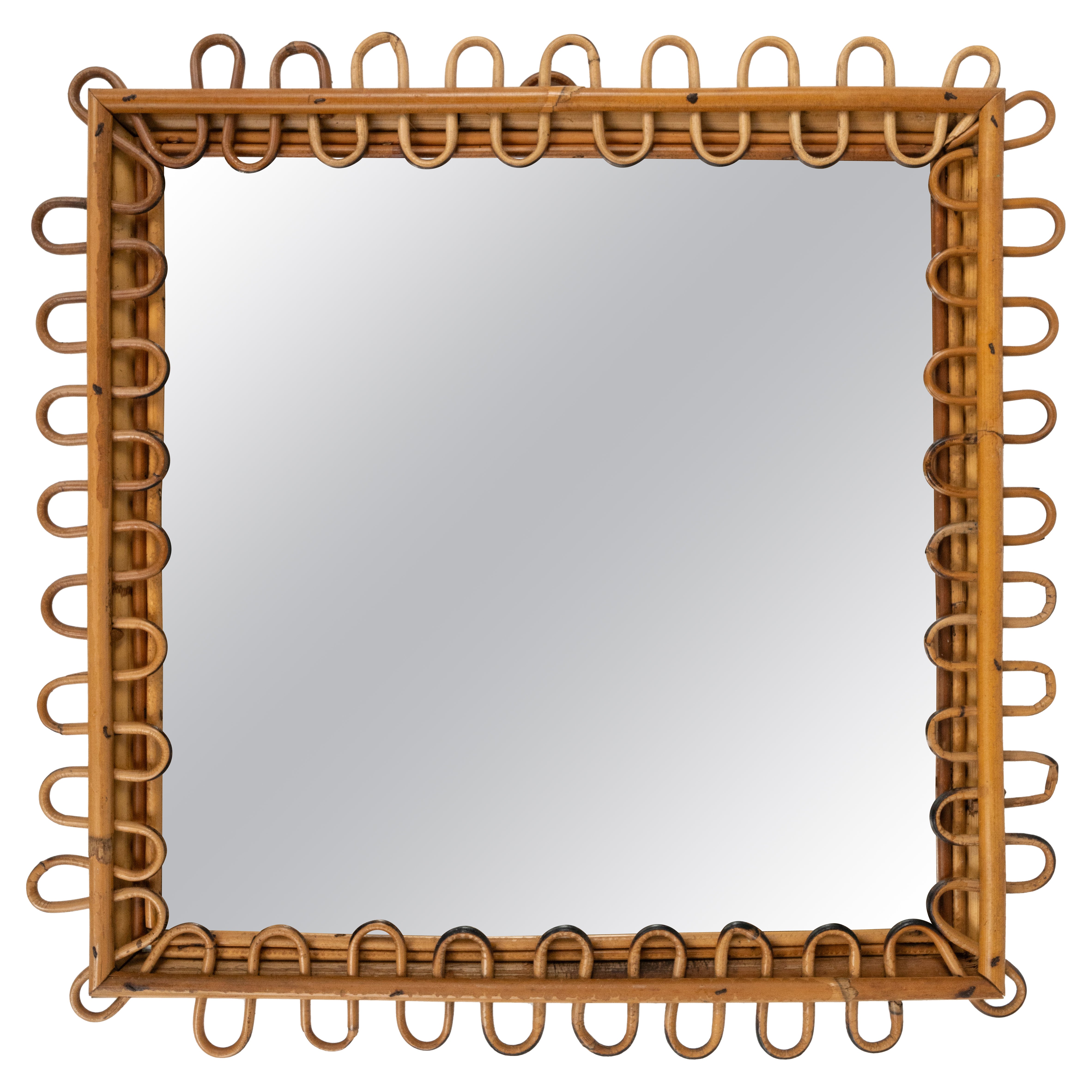 Miroir mural carré en rotin et bambou du milieu du siècle dernier, style Franco Albini, Italie, années 1960