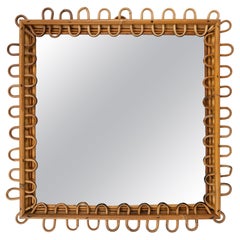 Midcentury Rattan & Bamboo Squared Wall Mirror Franco Albini Style, Italy 1960s