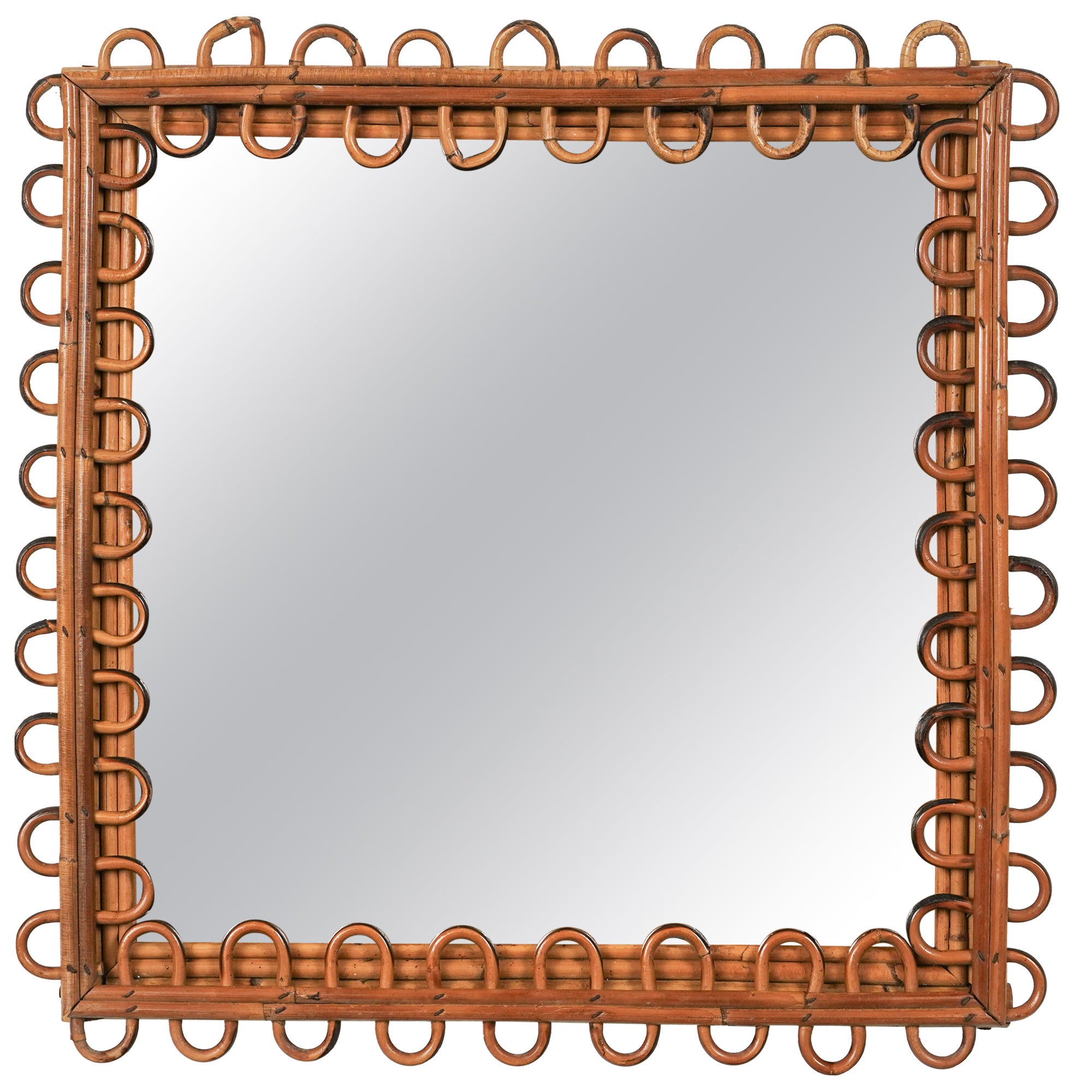 Midcentury Rattan & Bamboo Squared Wall Mirror Franco Albini Style, Italy 1960s