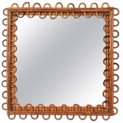 Midcentury Rattan & Bamboo Squared Wall Mirror Franco Albini Style, Italy 1960s