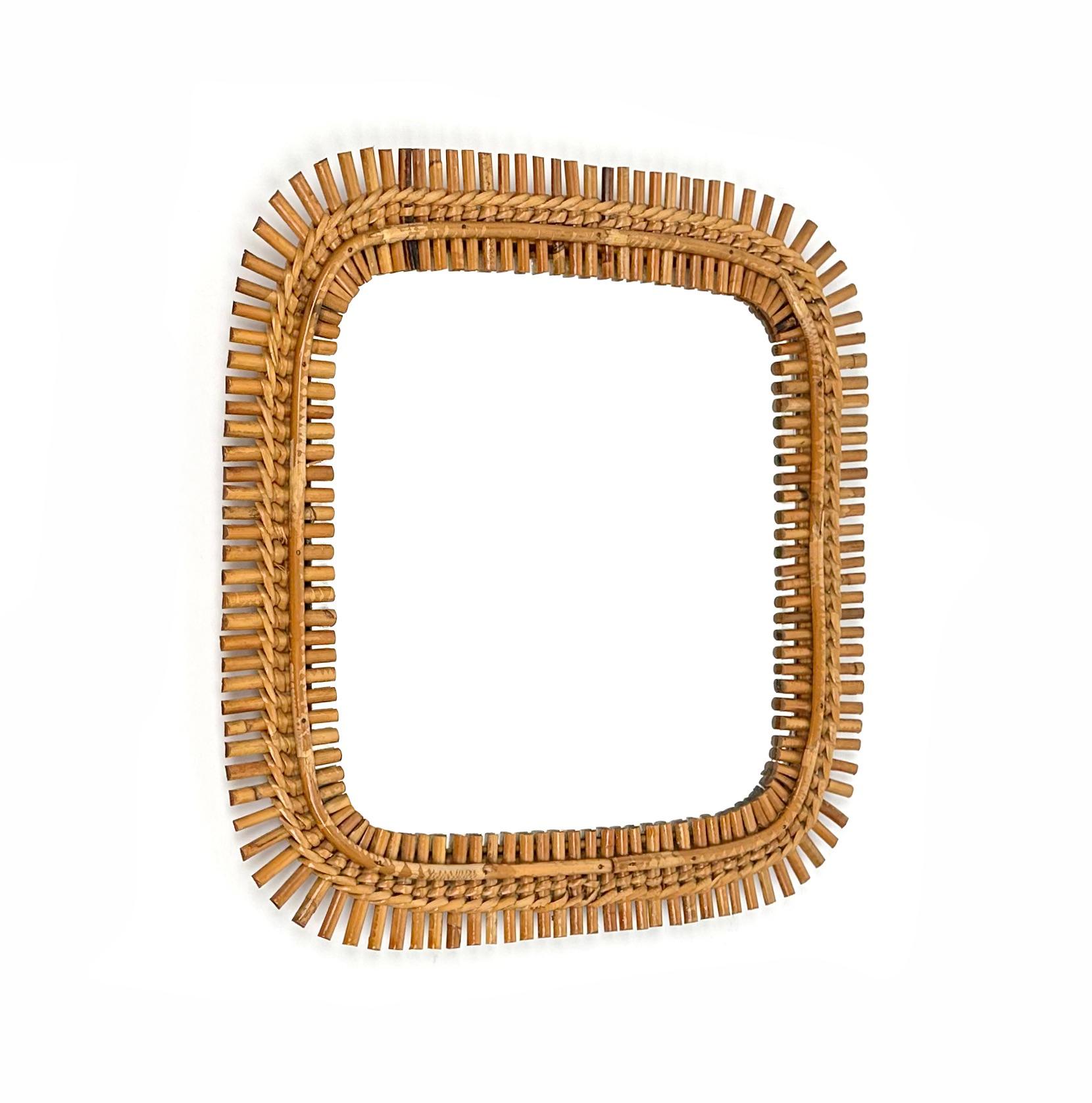 Mid-Century Modern Midcentury Rattan & Bamboo Squared Wall Mirror, Italy 1960s