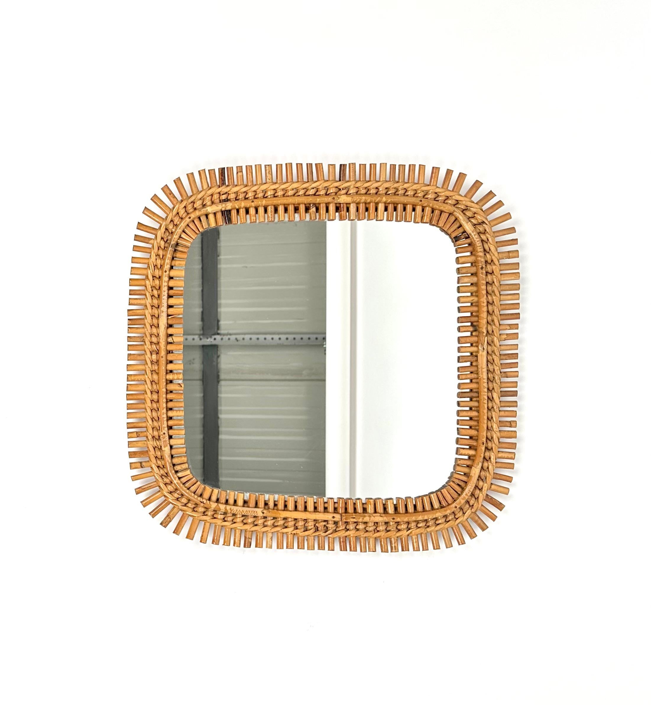 Italian Midcentury Rattan & Bamboo Squared Wall Mirror, Italy 1960s