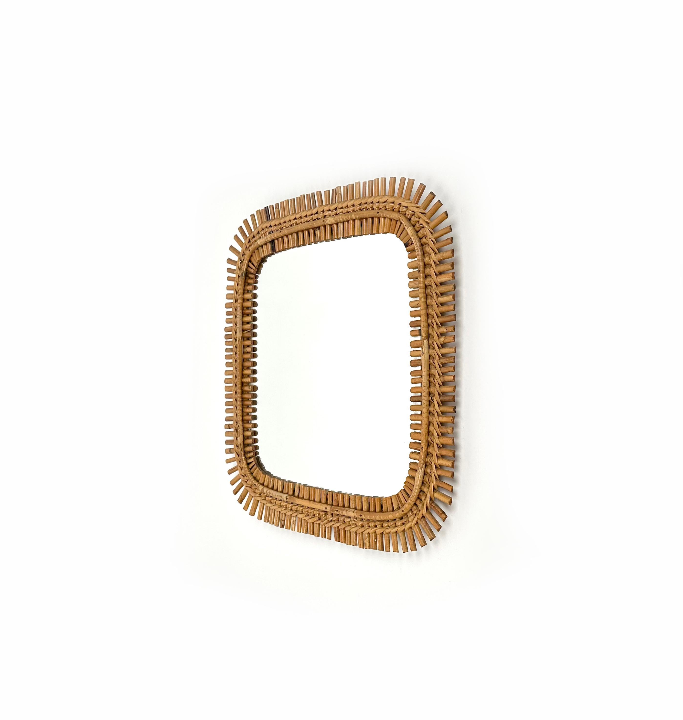 Midcentury Rattan & Bamboo Squared Wall Mirror, Italy 1960s In Good Condition In Rome, IT