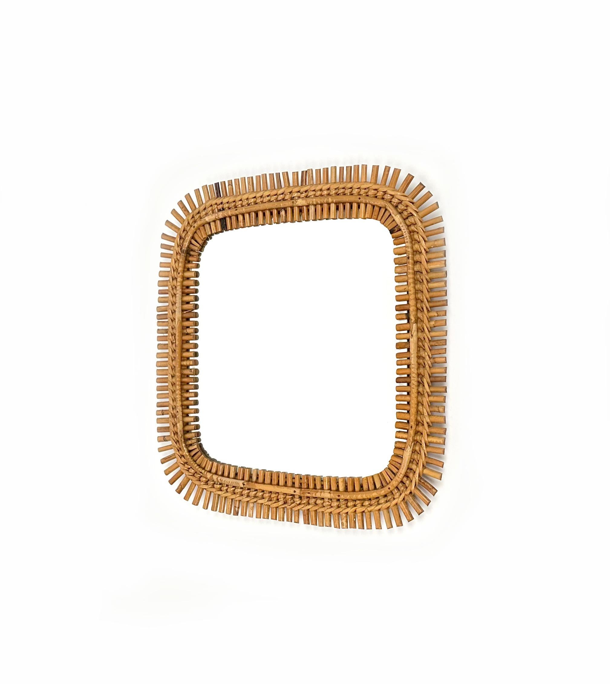 Mid-20th Century Midcentury Rattan & Bamboo Squared Wall Mirror, Italy 1960s