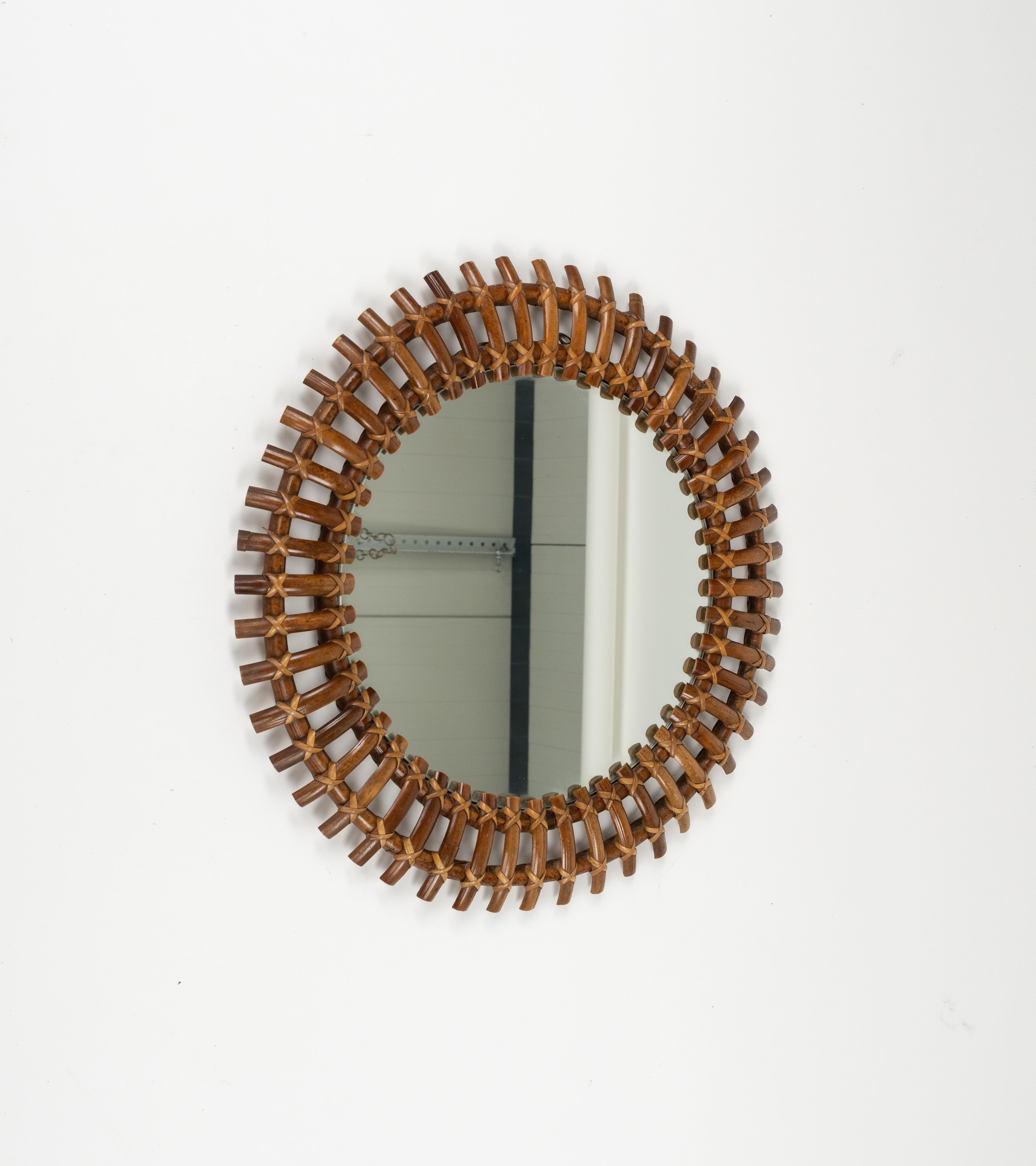 Italian Midcentury Rattan & Bamboo Sunburst Round Wall Mirror, Italy, 1960s For Sale