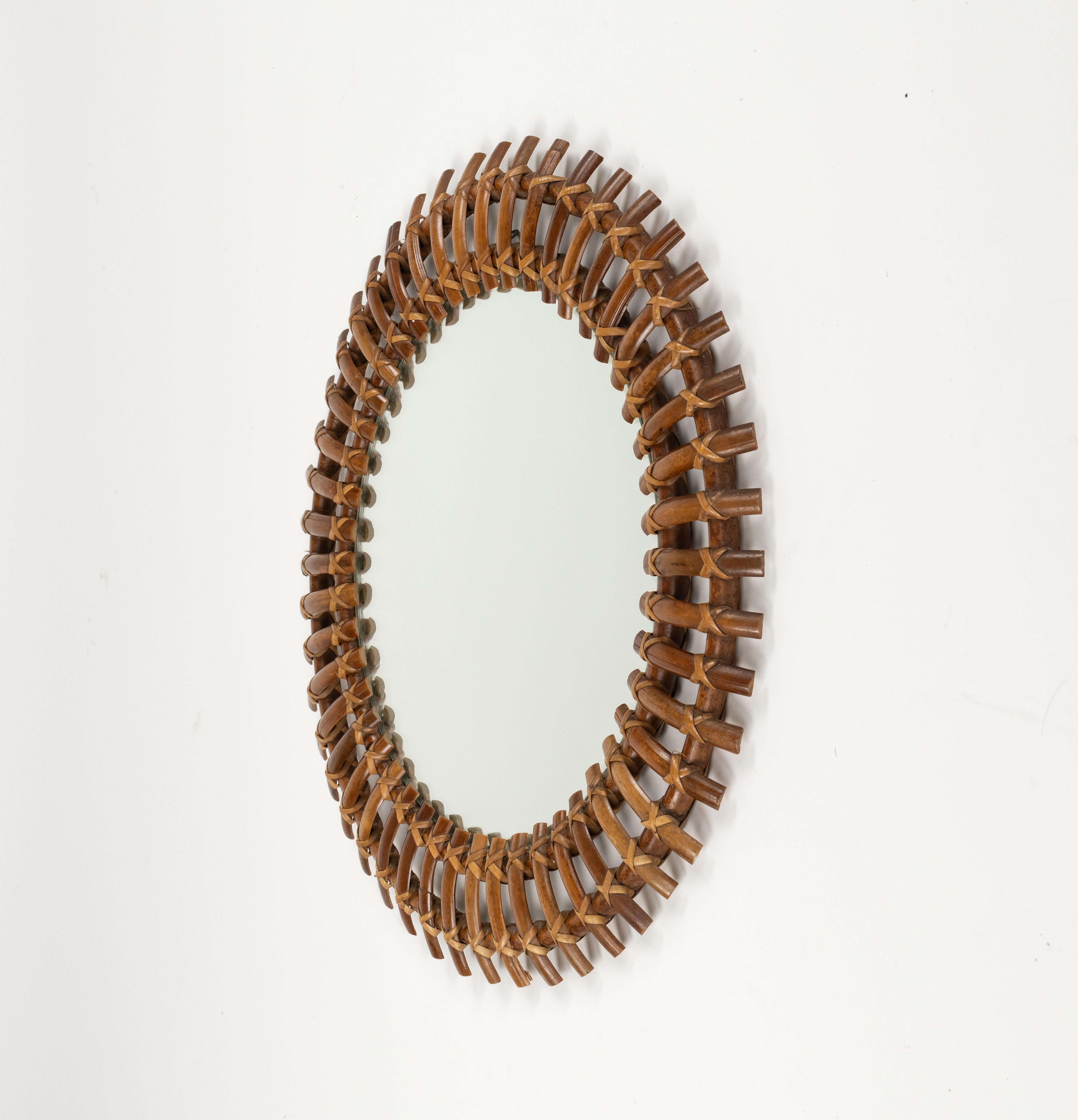 Mid-20th Century Midcentury Rattan & Bamboo Sunburst Round Wall Mirror, Italy, 1960s For Sale