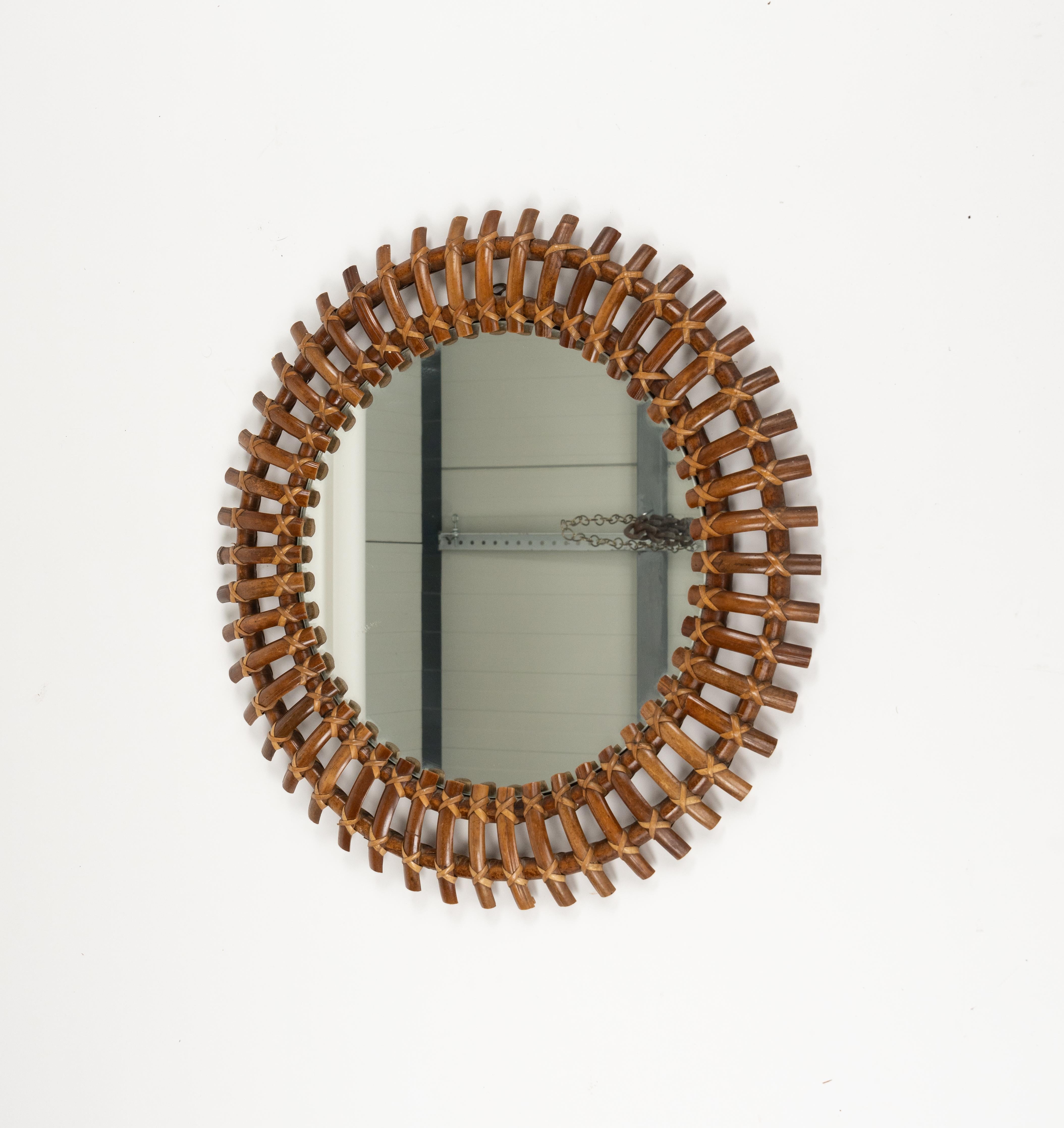 Midcentury Rattan & Bamboo Sunburst Round Wall Mirror, Italy, 1960s For Sale 2
