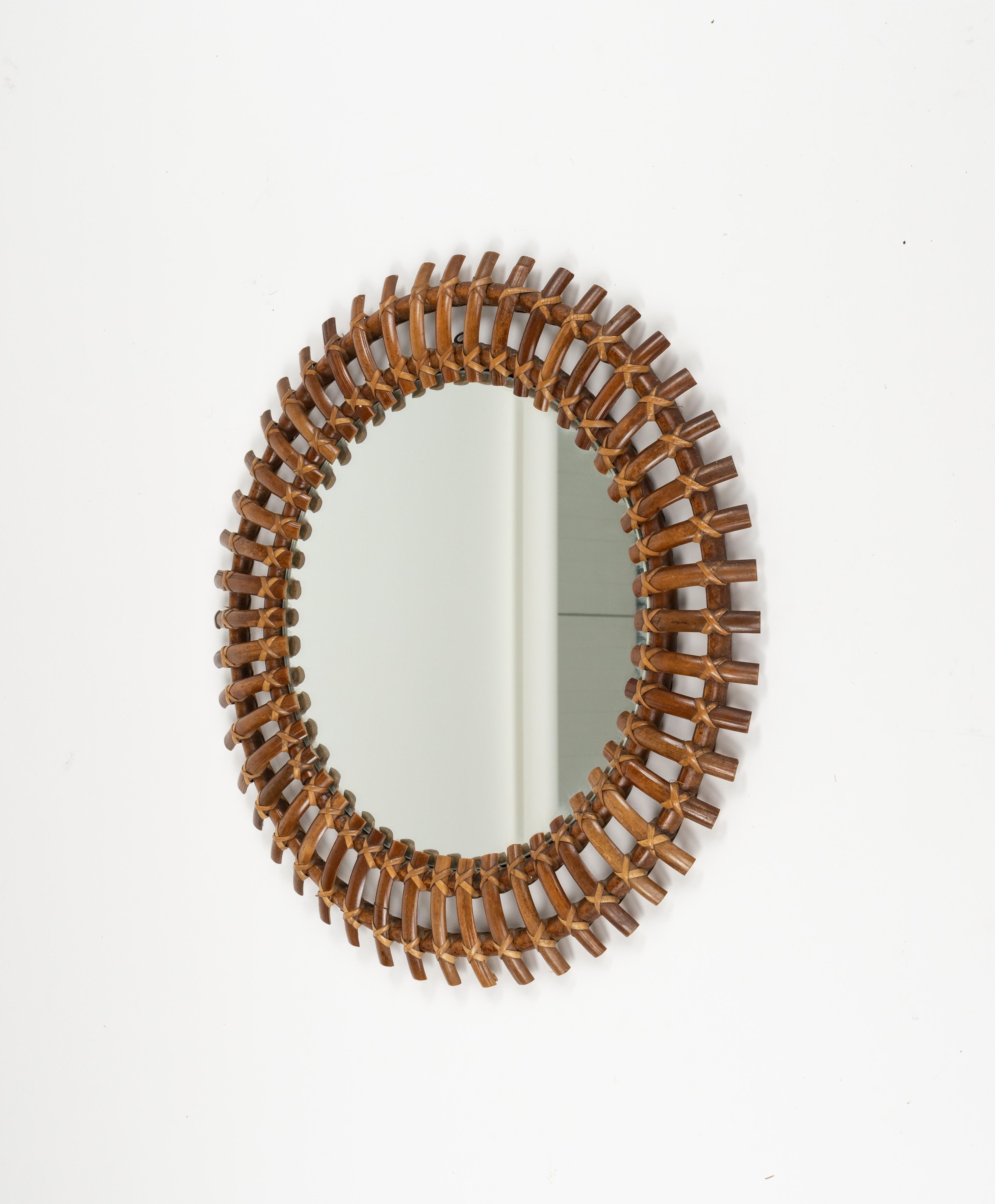 Midcentury Rattan & Bamboo Sunburst Round Wall Mirror, Italy, 1960s For Sale 3