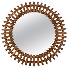 Midcentury Rattan & Bamboo Sunburst Round Wall Mirror, Italy, 1960s