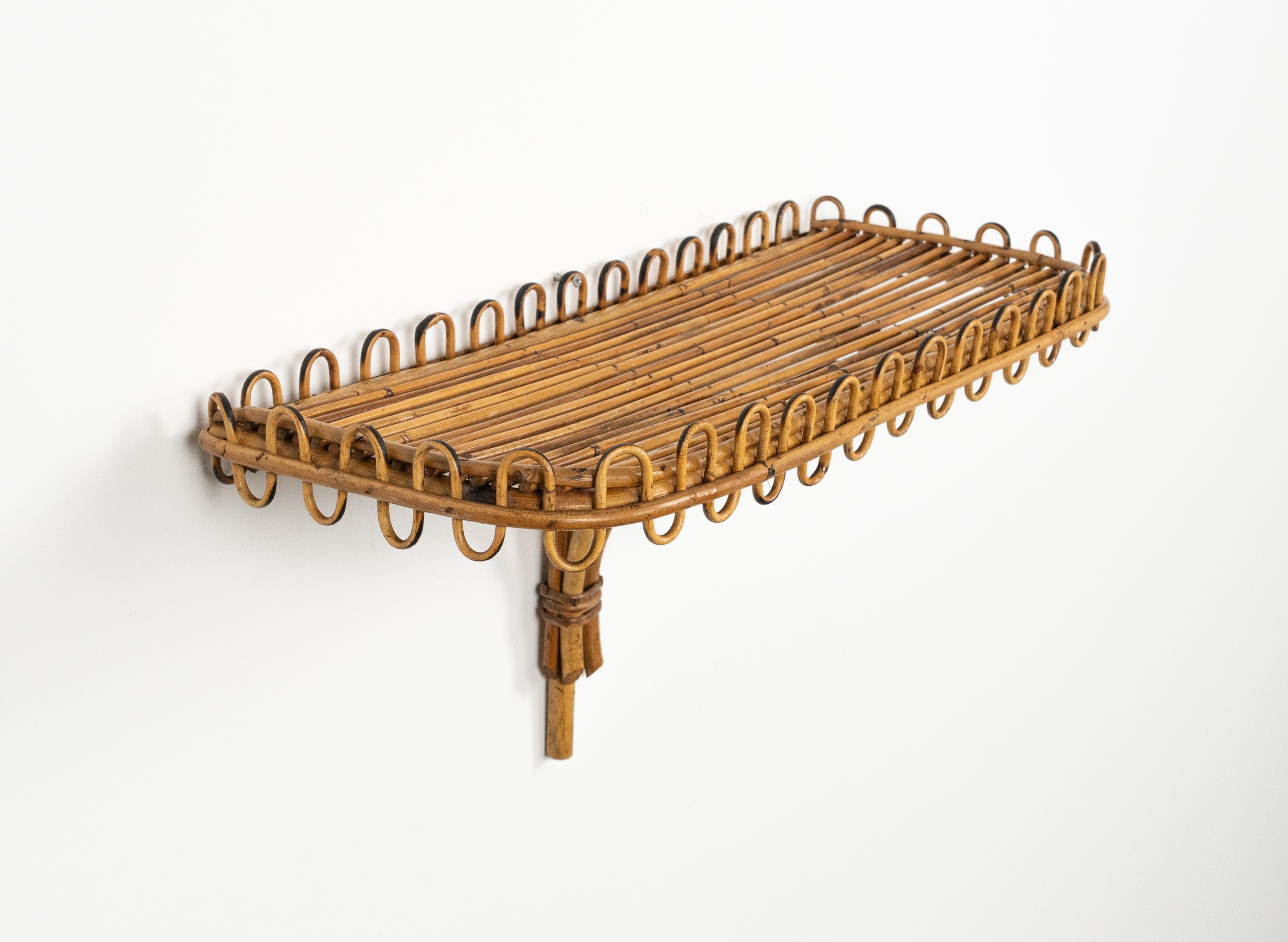 Midcentury Rattan & Bamboo Wall Shelf or Console Att. Franco Albini, Italy 1960s For Sale 3