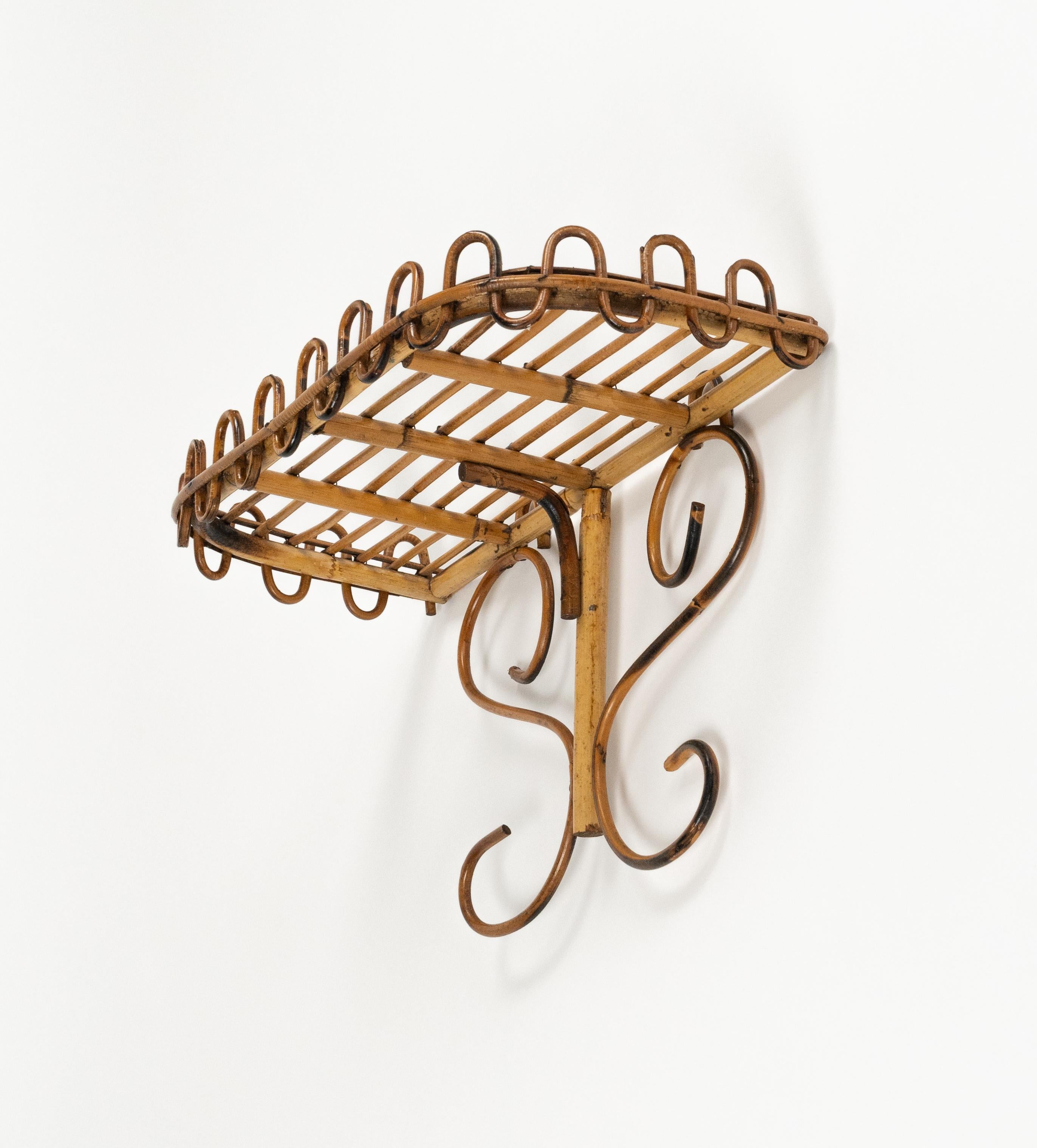 Midcentury Rattan & Bamboo Wall Shelf or Console Att. Franco Albini, Italy 1960s For Sale 3