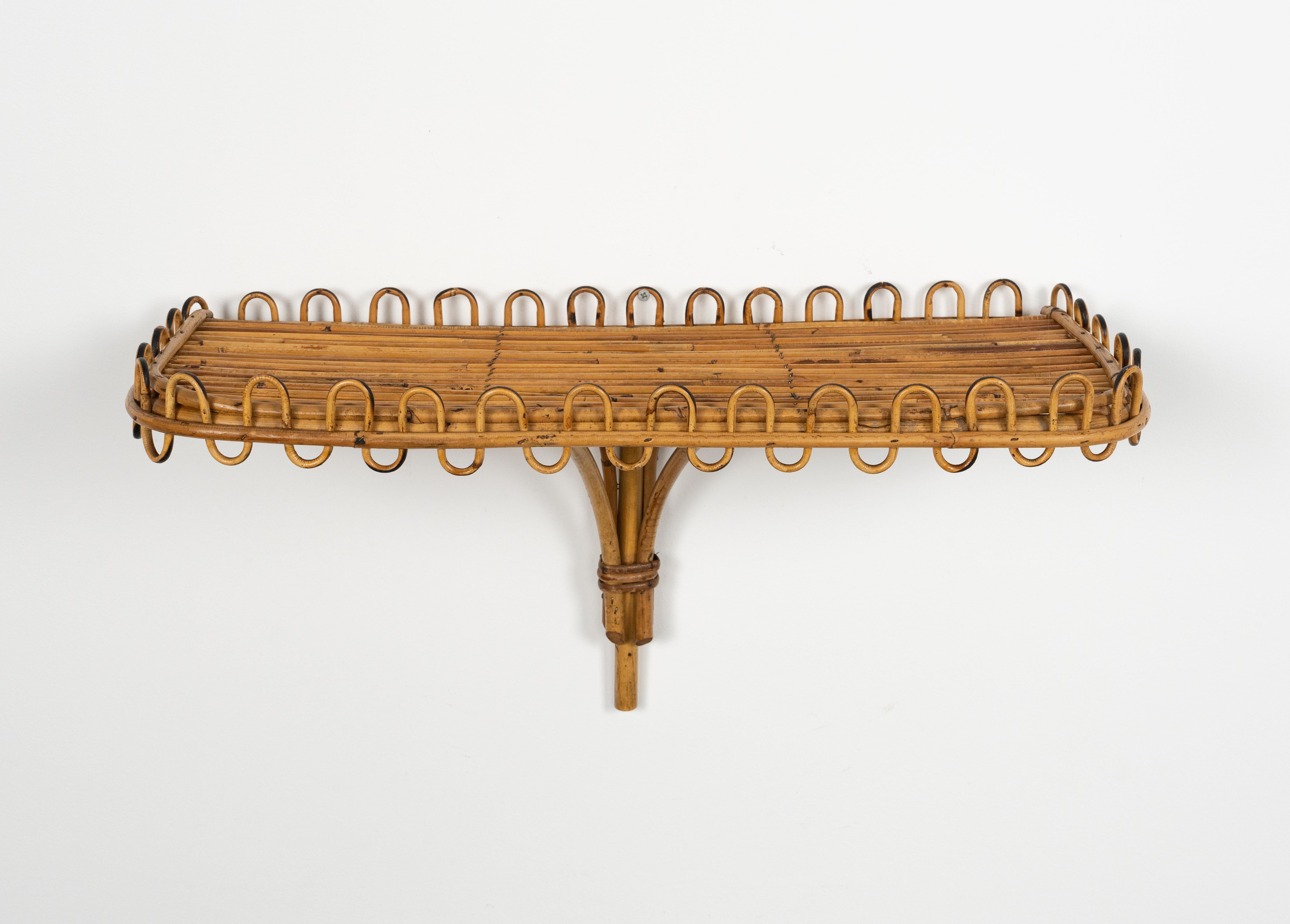 Midcentury Rattan & Bamboo Wall Shelf or Console Att. Franco Albini, Italy 1960s For Sale 4