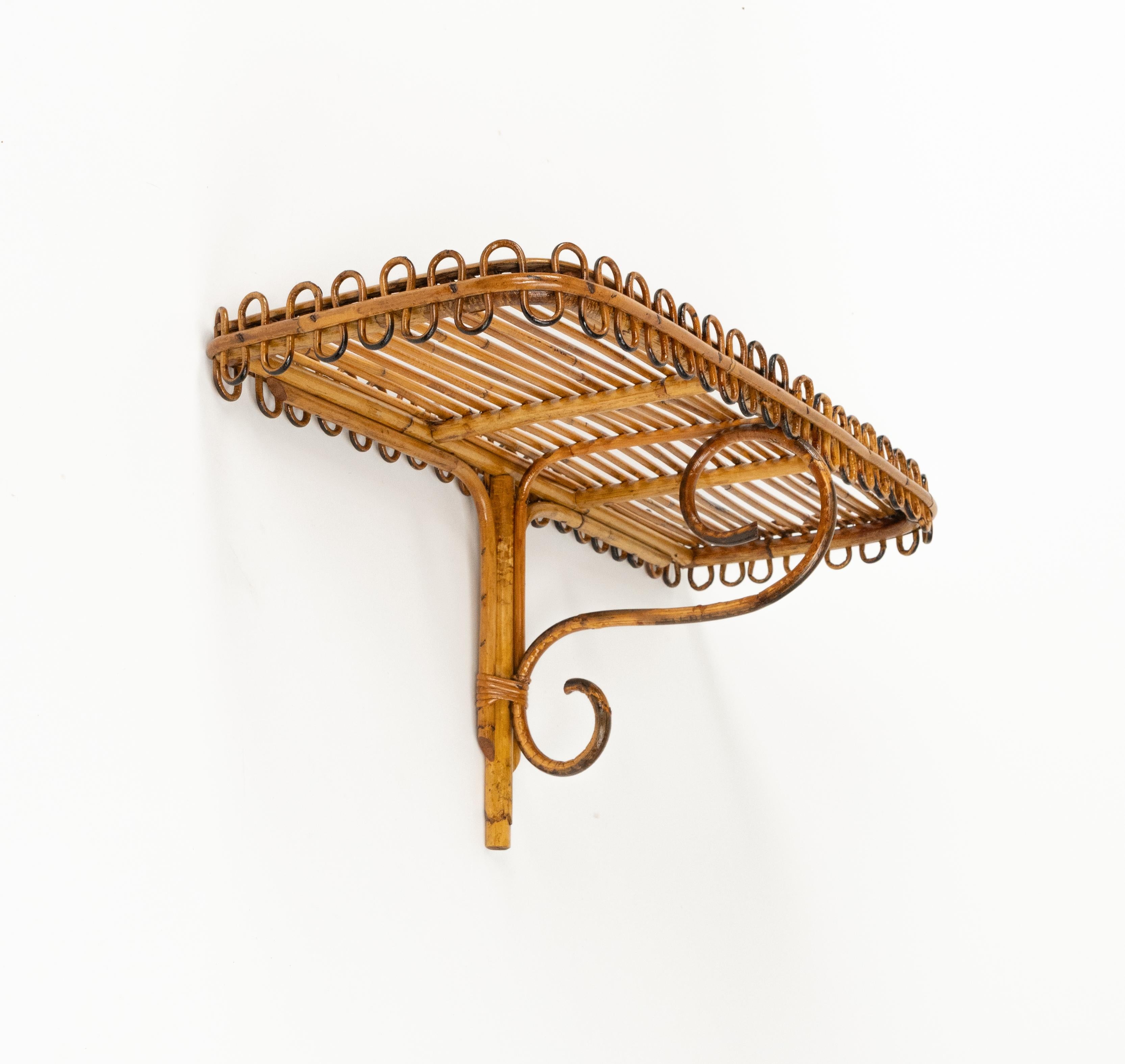 Mid-Century Modern Midcentury Rattan & Bamboo Wall Shelf or Console Att. Franco Albini, Italy 1960s For Sale