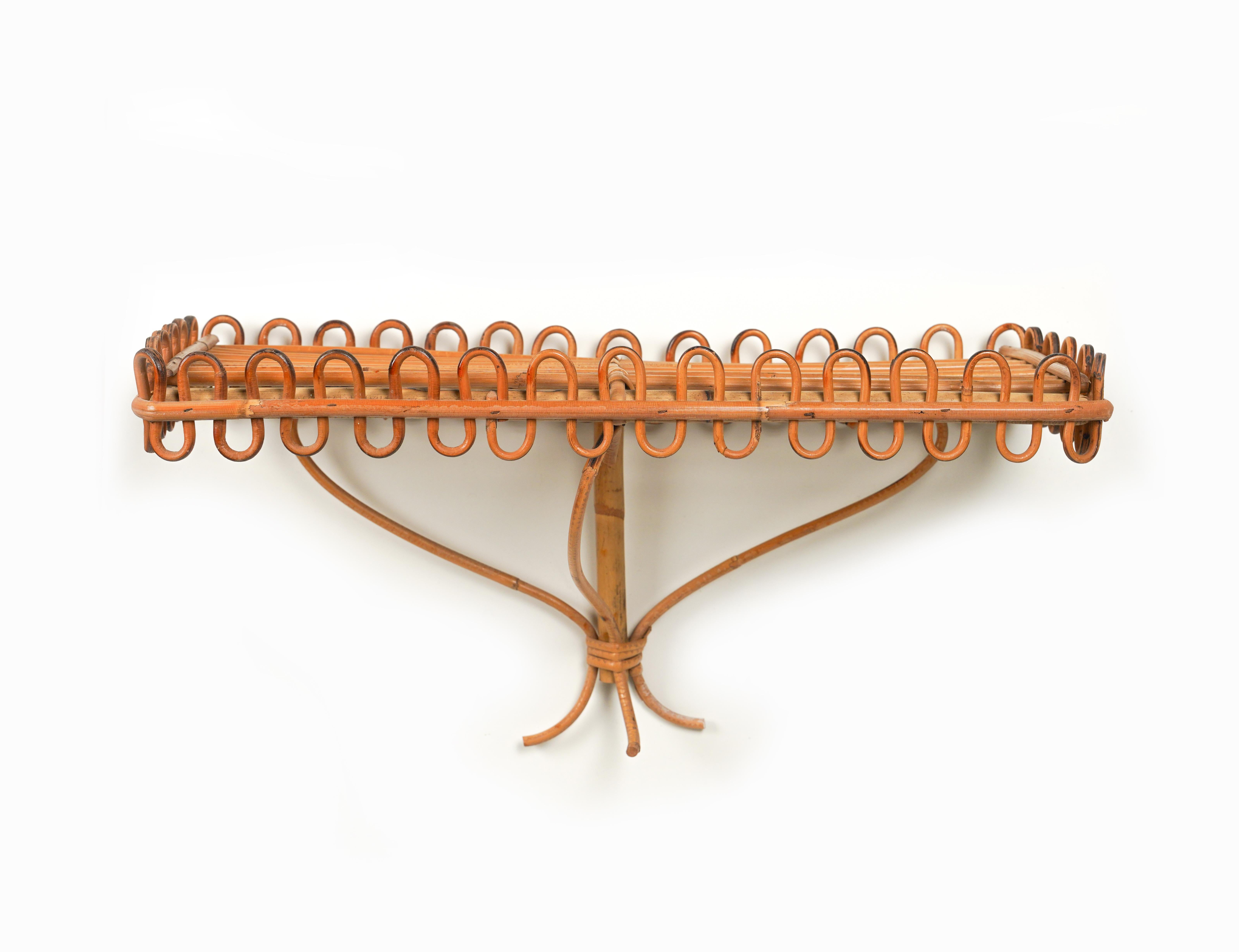 Midcentury Rattan & Bamboo Wall Shelf or Console Att. Franco Albini, Italy 1960s In Good Condition For Sale In Rome, IT