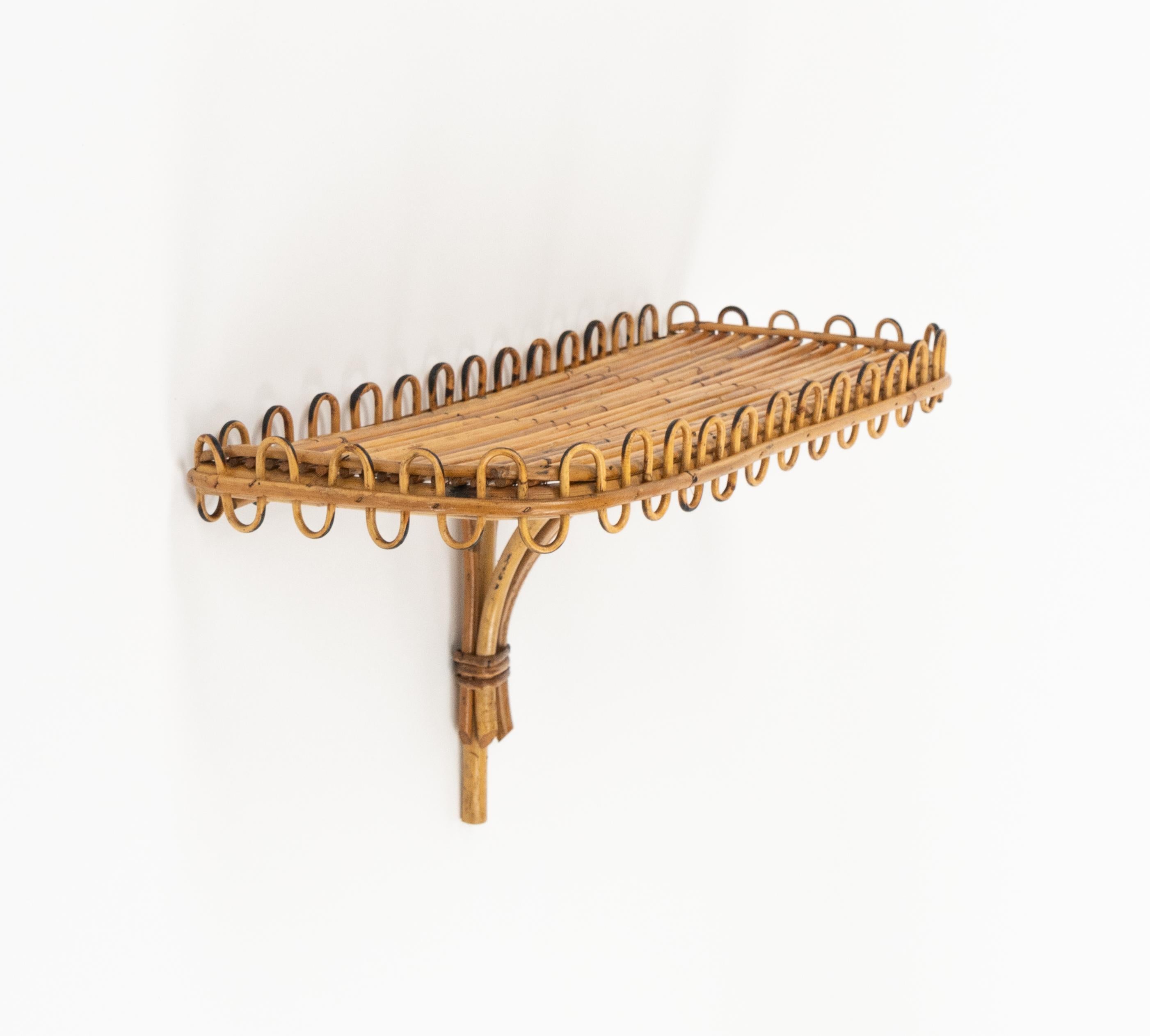 Hand-Crafted Midcentury Rattan & Bamboo Wall Shelf or Console Att. Franco Albini, Italy 1960s For Sale