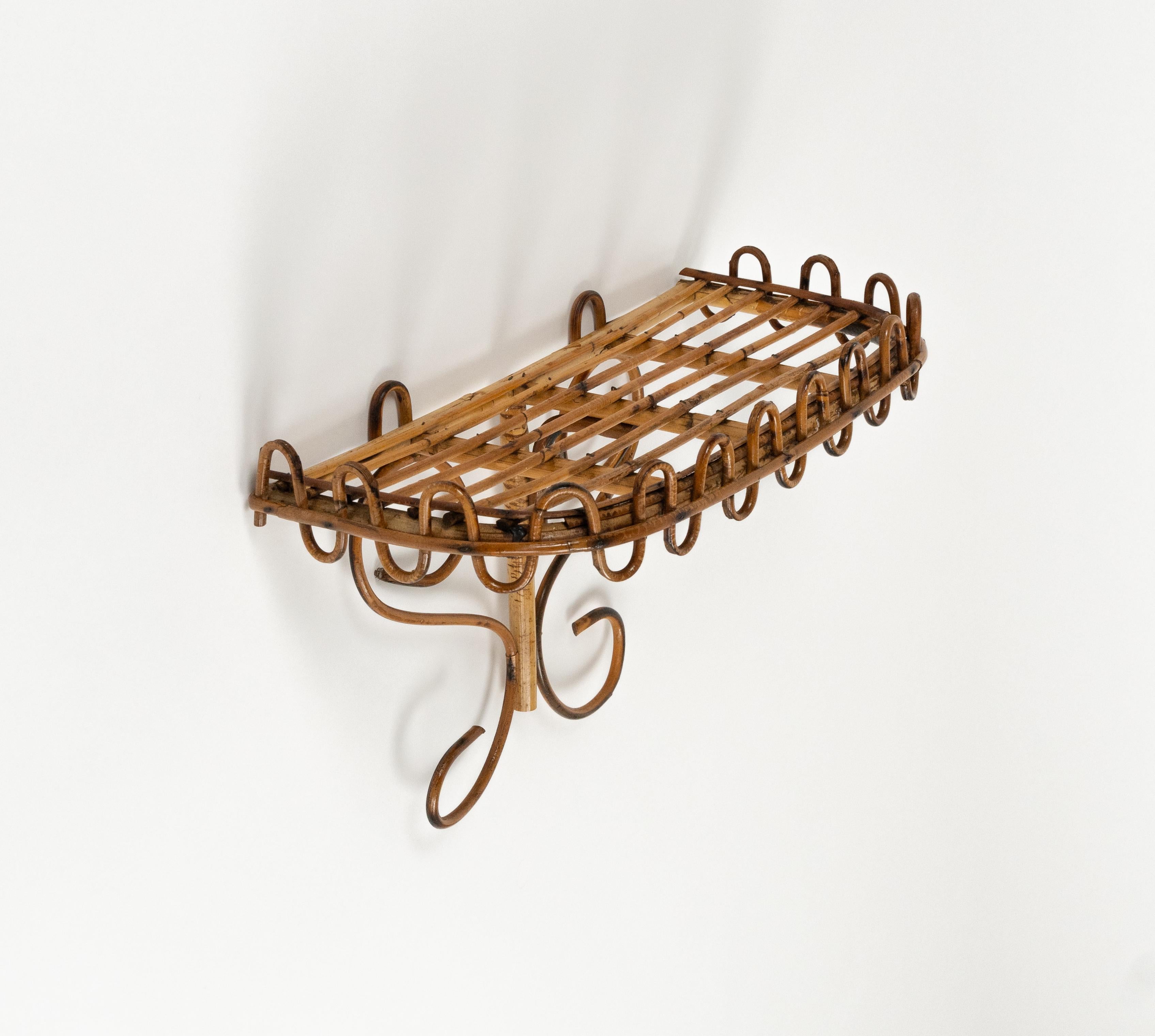 Hand-Crafted Midcentury Rattan & Bamboo Wall Shelf or Console Att. Franco Albini, Italy 1960s For Sale