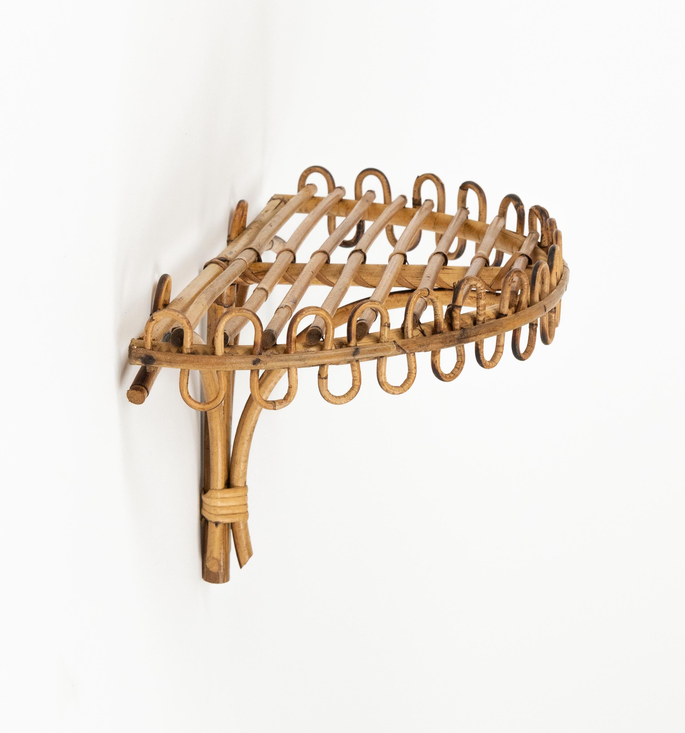 Hand-Crafted Midcentury Rattan & Bamboo Wall Shelf or Console Att. Franco Albini, Italy 1960s For Sale