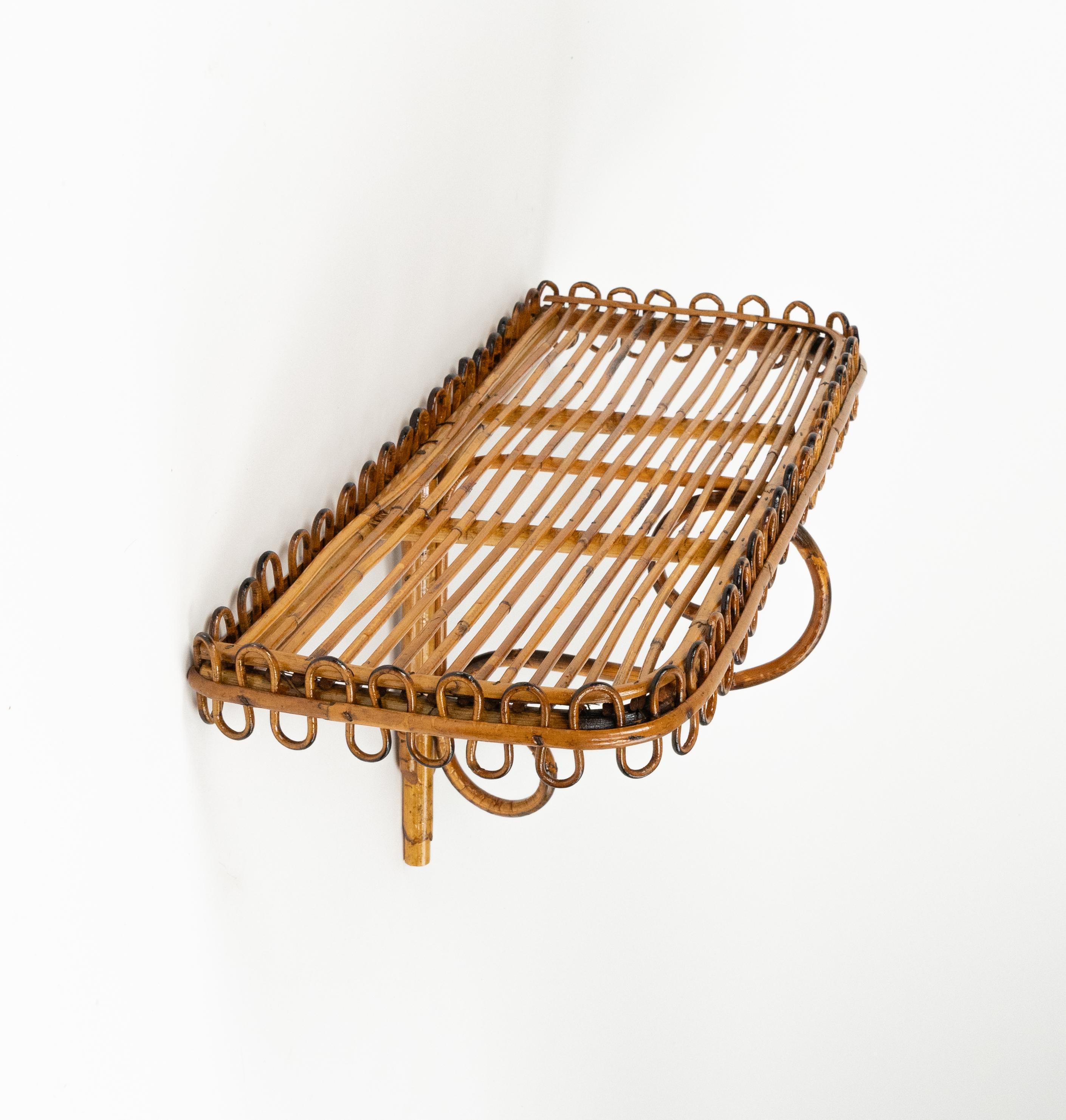 Hand-Crafted Midcentury Rattan & Bamboo Wall Shelf or Console Att. Franco Albini, Italy 1960s For Sale