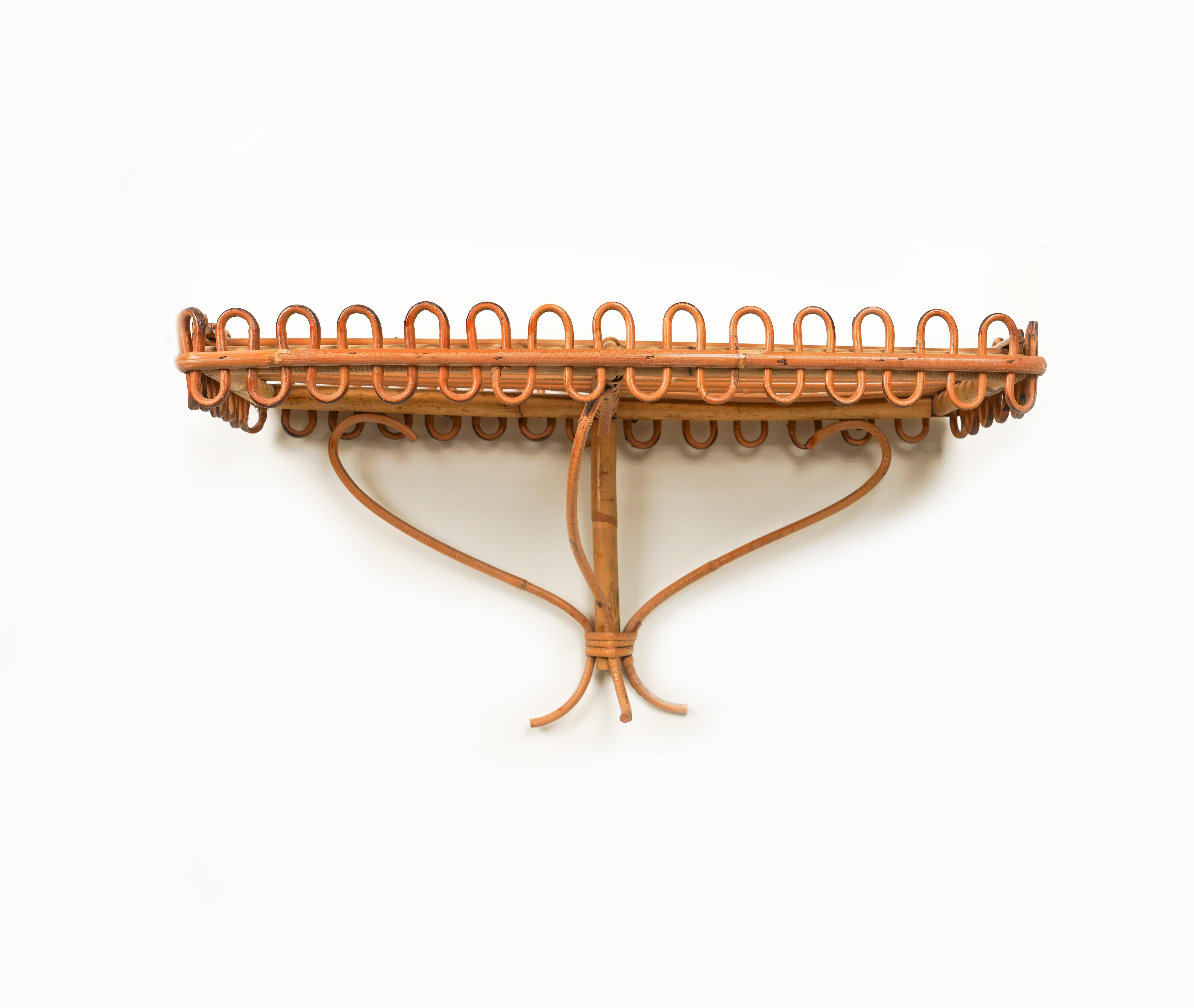 Mid-20th Century Midcentury Rattan & Bamboo Wall Shelf or Console Att. Franco Albini, Italy 1960s For Sale