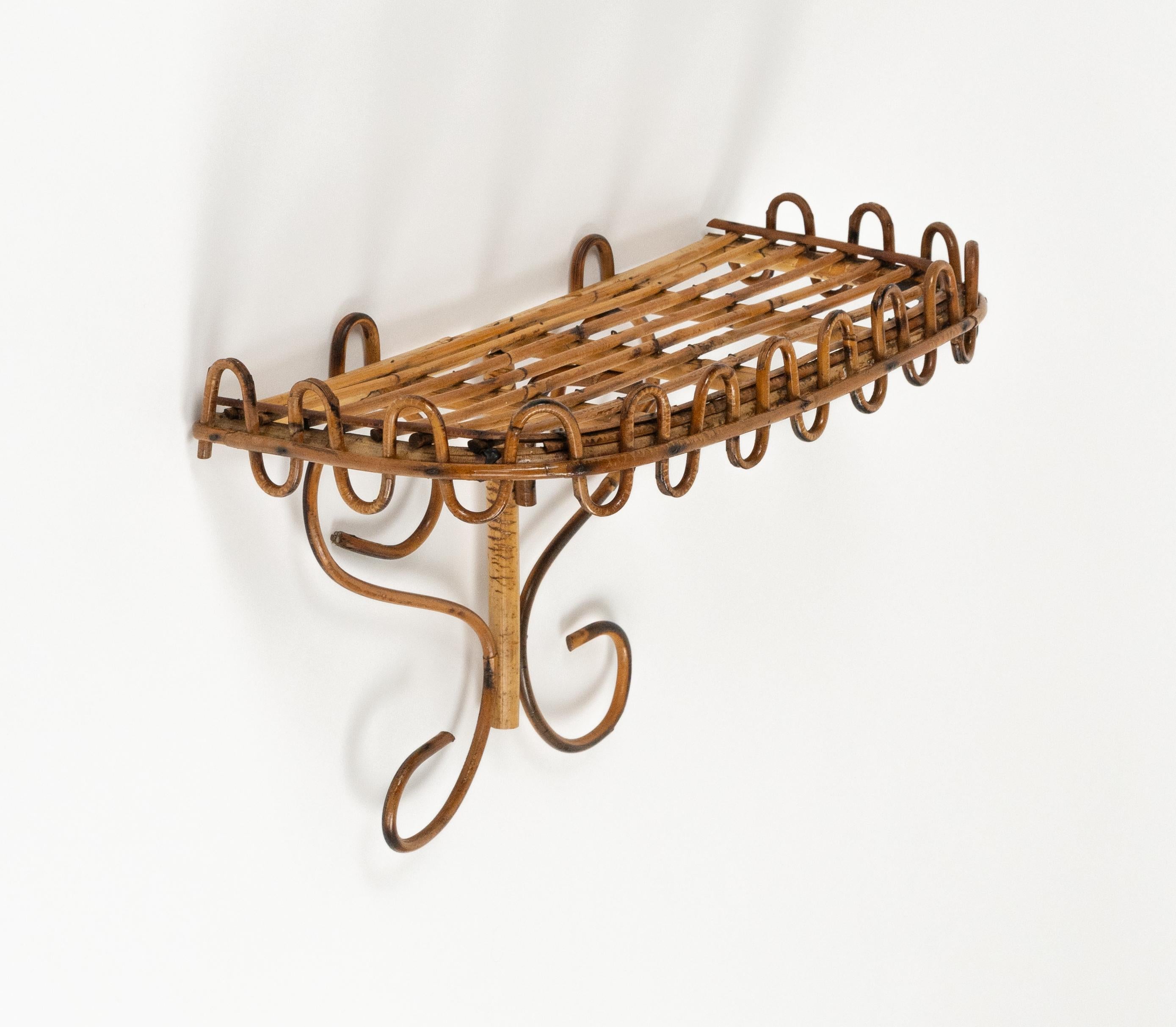 Midcentury Rattan & Bamboo Wall Shelf or Console Att. Franco Albini, Italy 1960s In Good Condition For Sale In Rome, IT