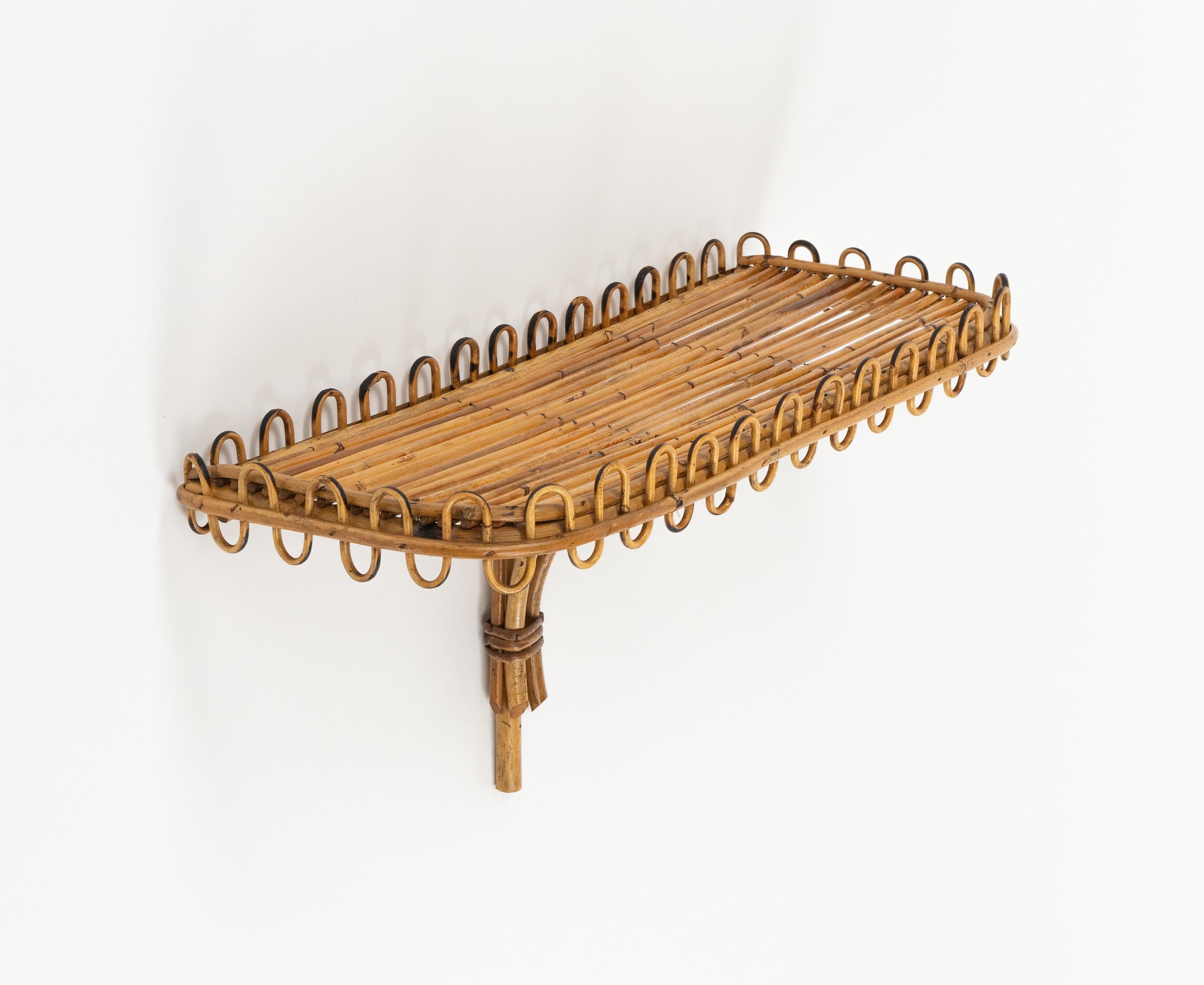Mid-20th Century Midcentury Rattan & Bamboo Wall Shelf or Console Att. Franco Albini, Italy 1960s For Sale