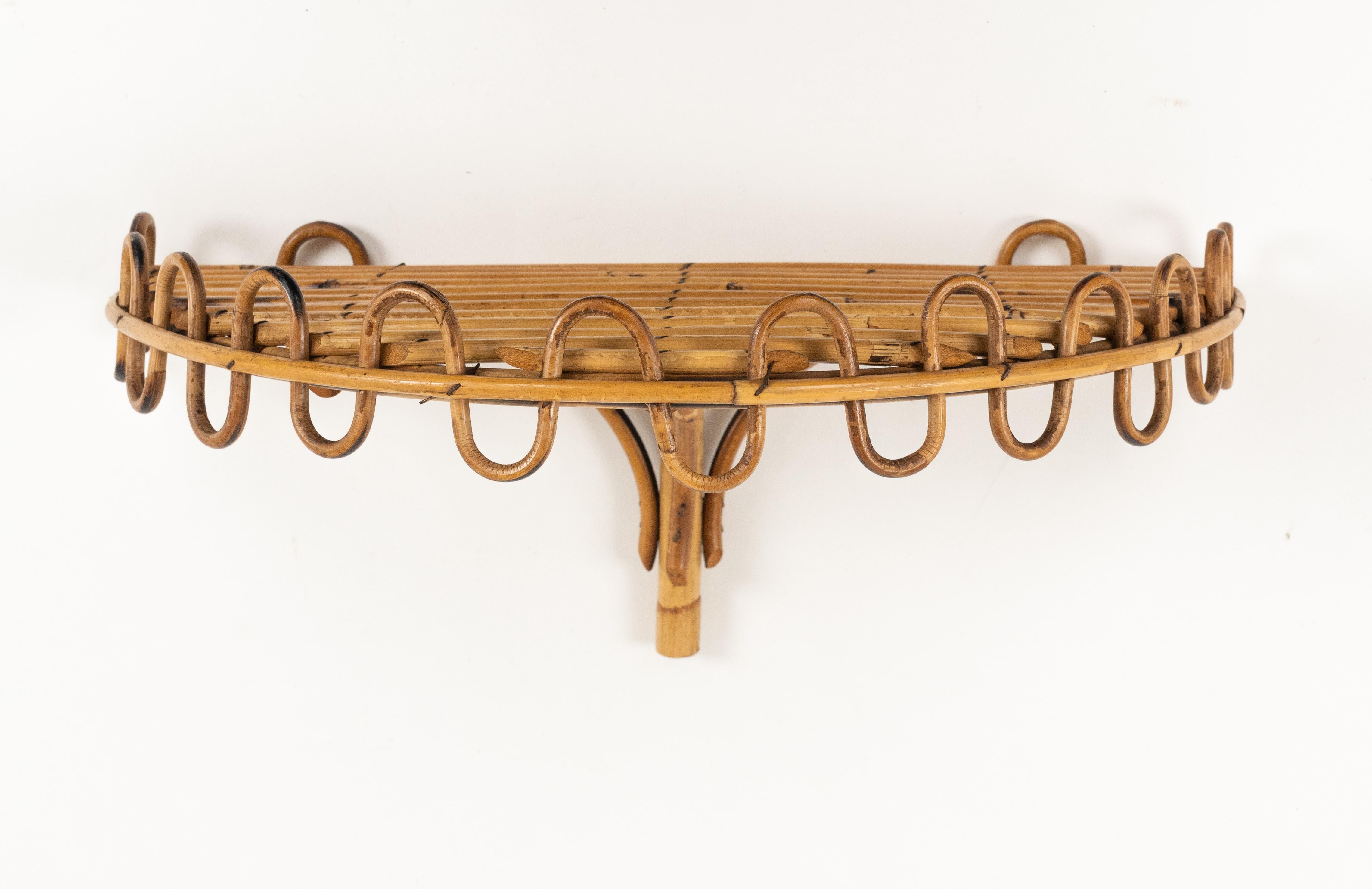 Mid-20th Century Midcentury Rattan & Bamboo Wall Shelf or Console Att. Franco Albini, Italy 1960s
