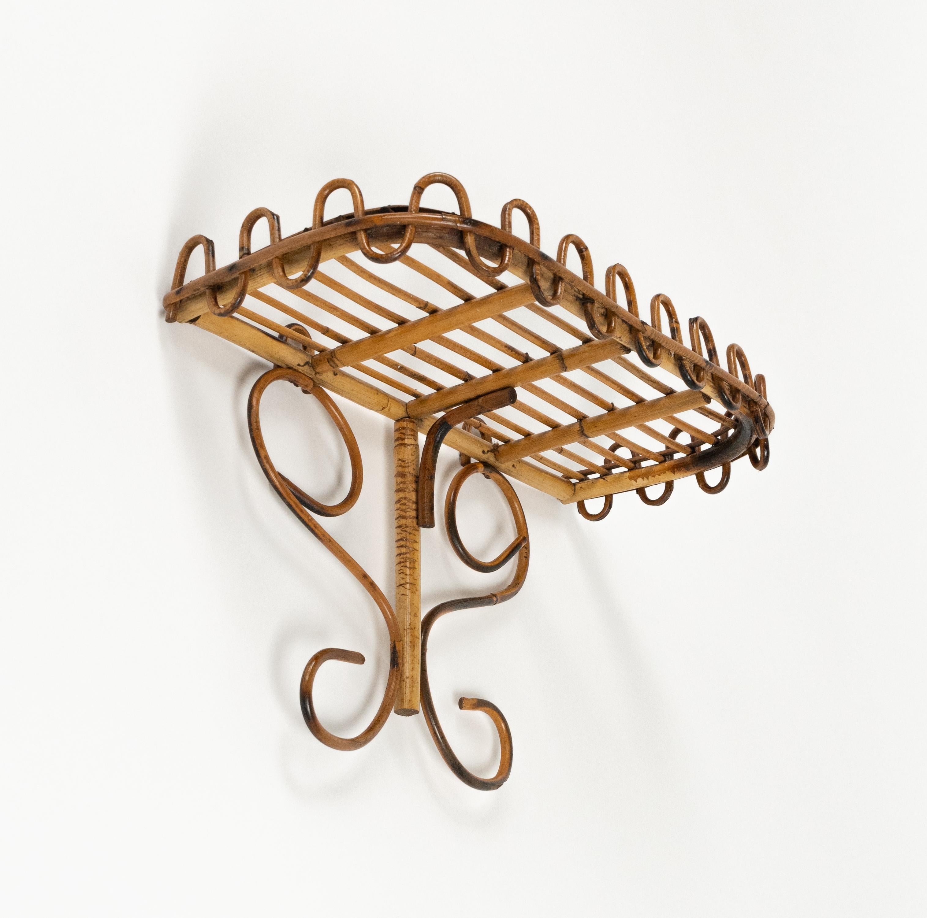 Mid-20th Century Midcentury Rattan & Bamboo Wall Shelf or Console Att. Franco Albini, Italy 1960s For Sale