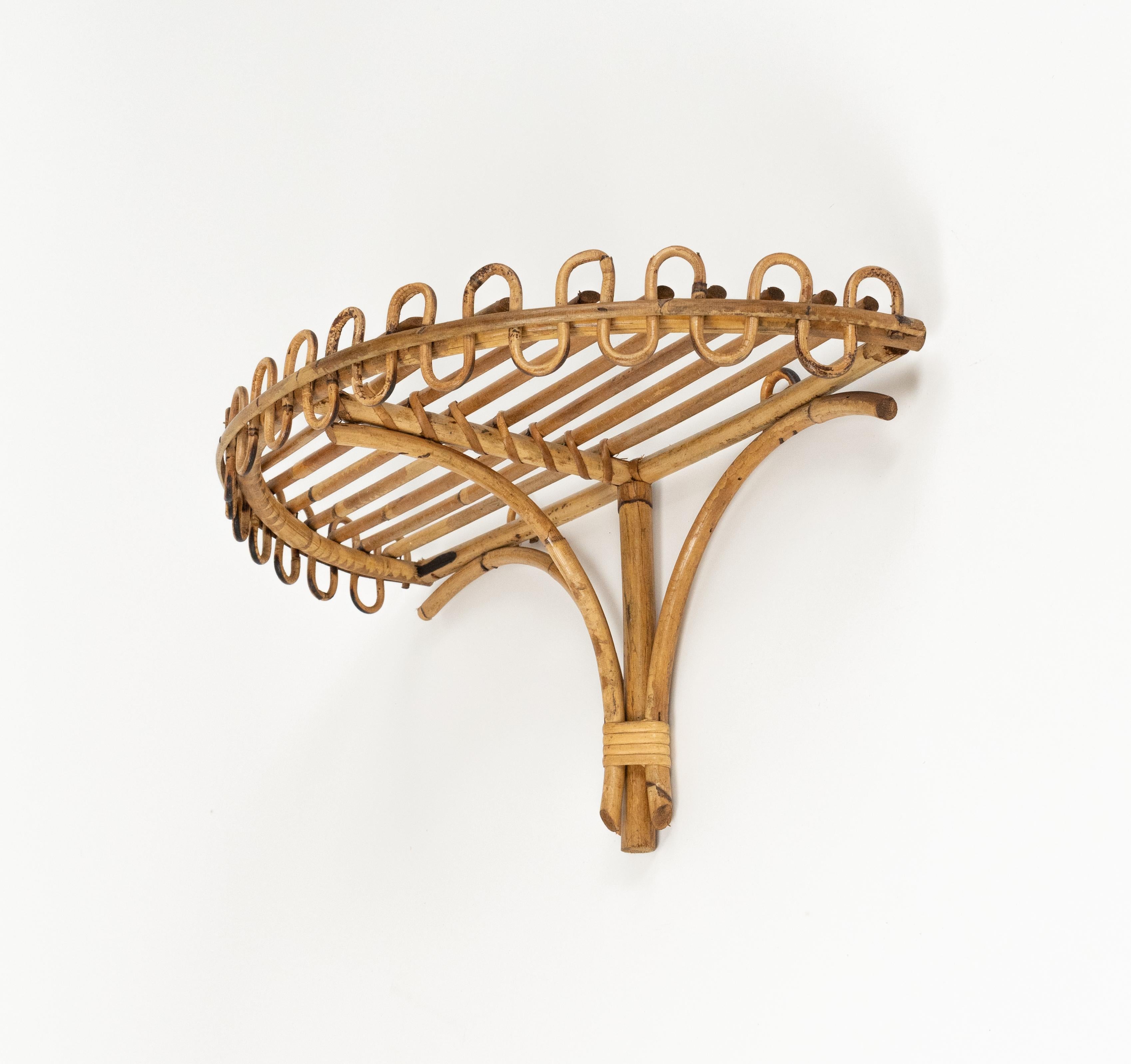 Mid-20th Century Midcentury Rattan & Bamboo Wall Shelf or Console Att. Franco Albini, Italy 1960s For Sale