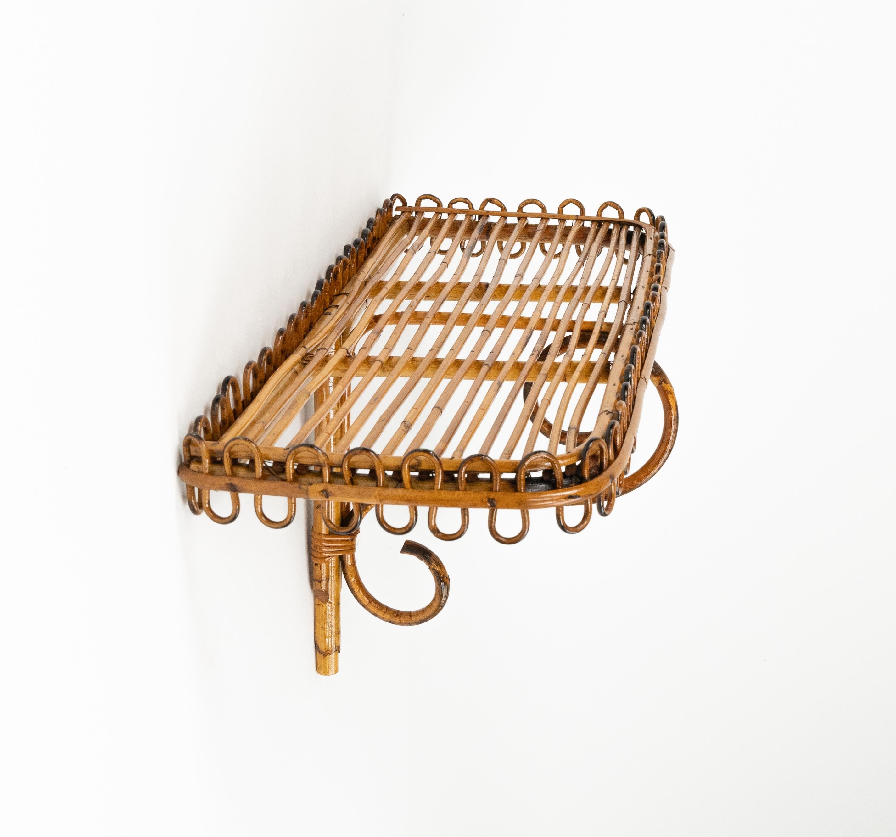 Mid-20th Century Midcentury Rattan & Bamboo Wall Shelf or Console Att. Franco Albini, Italy 1960s For Sale