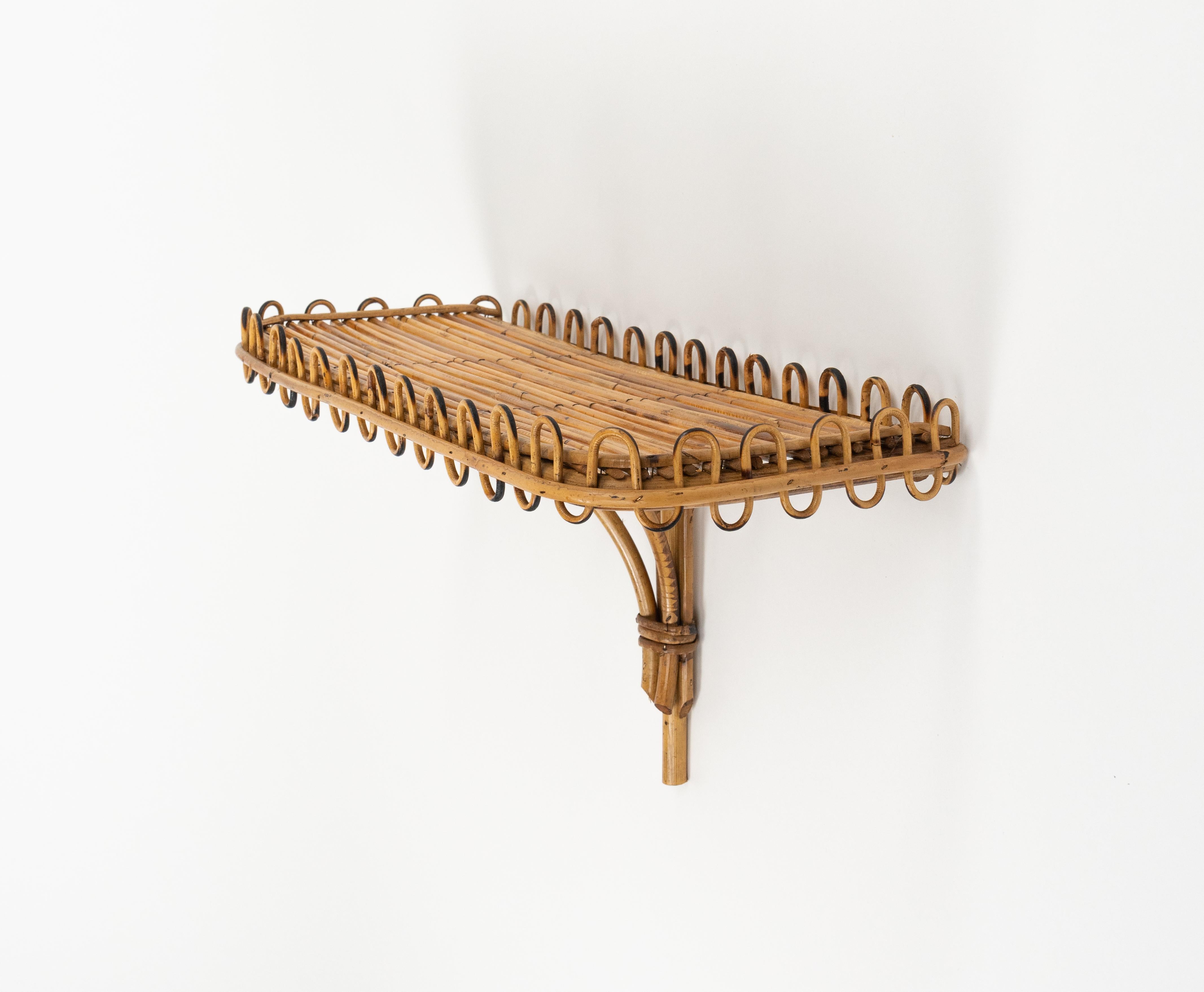 Midcentury Rattan & Bamboo Wall Shelf or Console Att. Franco Albini, Italy 1960s For Sale 1