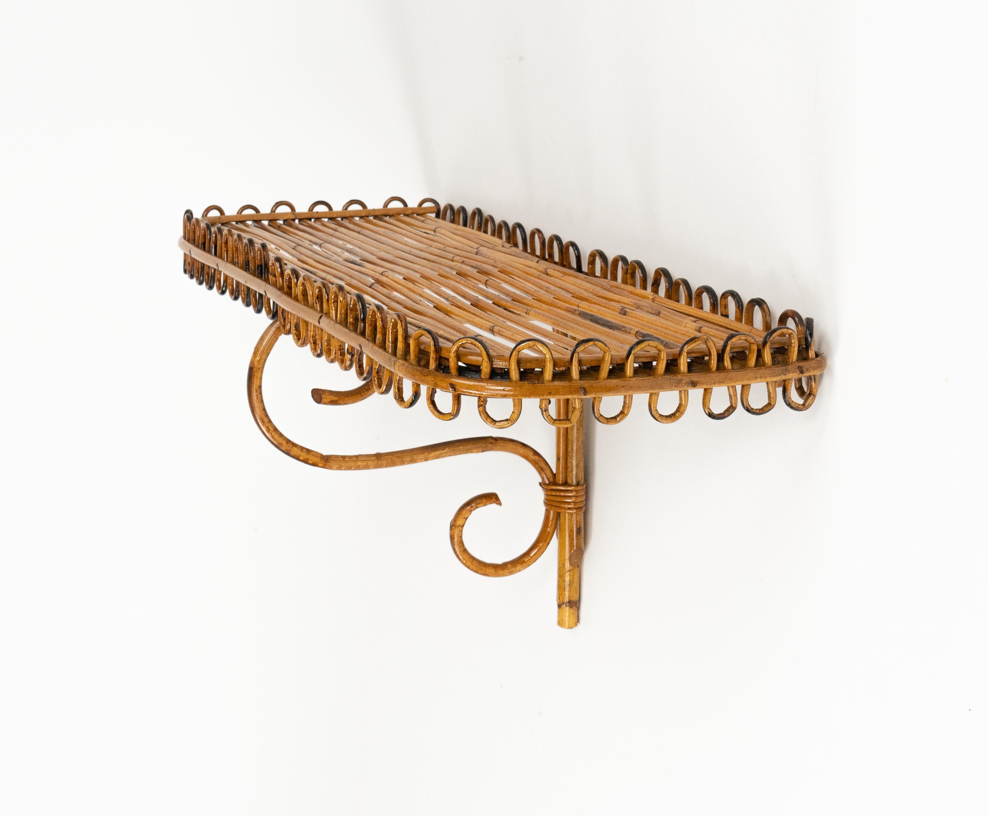 Midcentury Rattan & Bamboo Wall Shelf or Console Att. Franco Albini, Italy 1960s For Sale 1