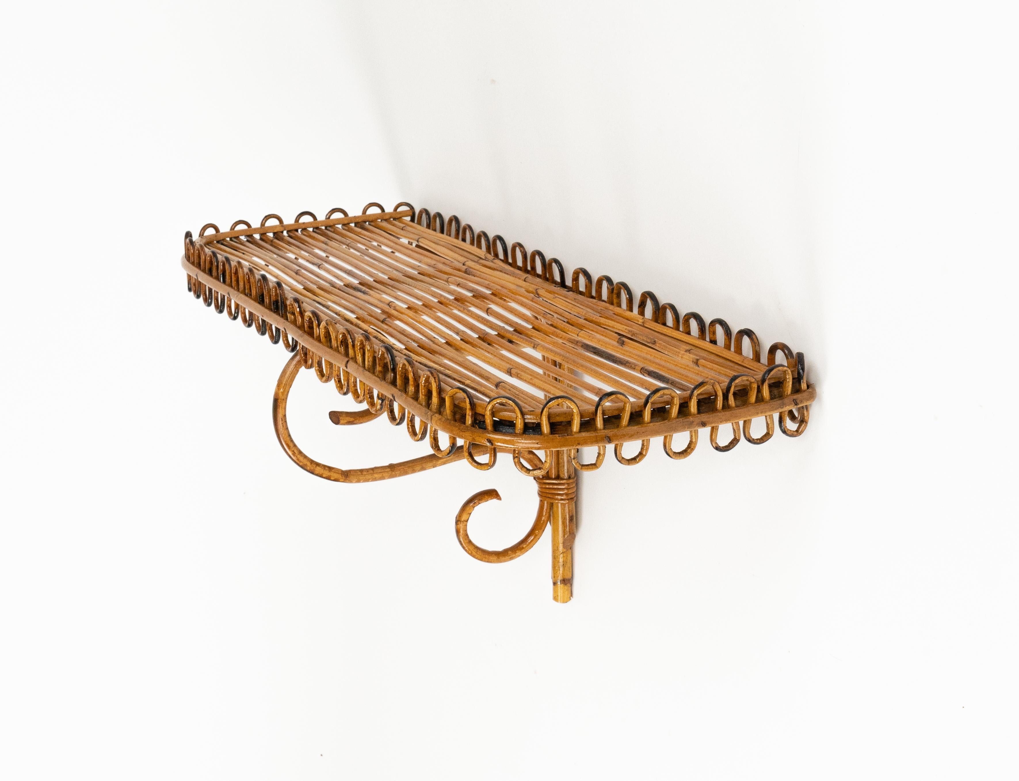 Midcentury Rattan & Bamboo Wall Shelf or Console Att. Franco Albini, Italy 1960s For Sale 2