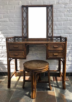Midcentury Rattan Cane Dressing Table or Desk, Stool and Wall Mirror Set, 1970s