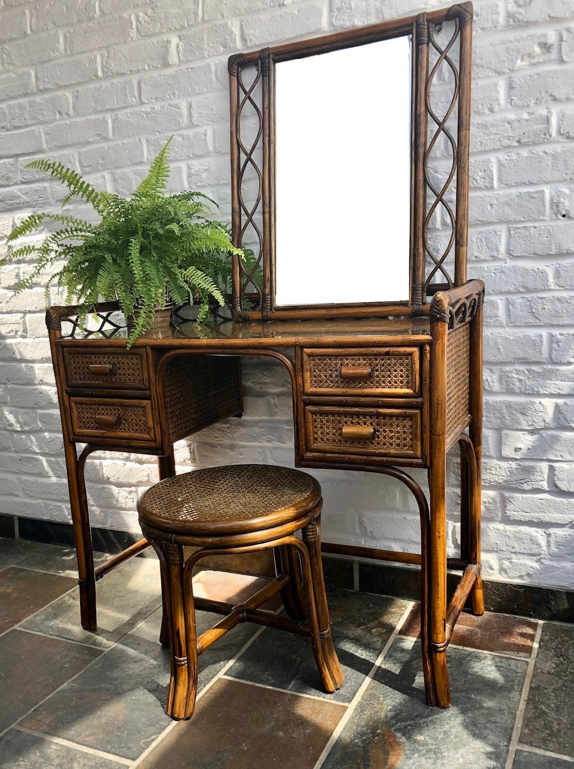 European Midcentury Rattan Cane Dressing Table or Desk, Stool and Wall Mirror Set, 1970s