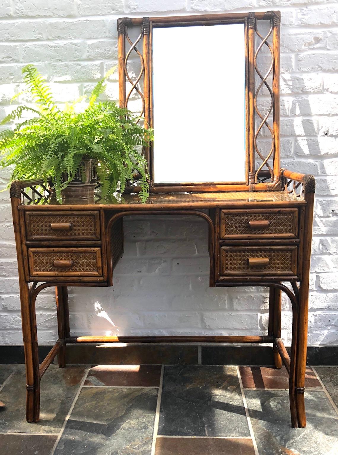 Midcentury Rattan Cane Dressing Table or Desk, Stool and Wall Mirror Set, 1970s In Good Condition In Richmond, Surrey