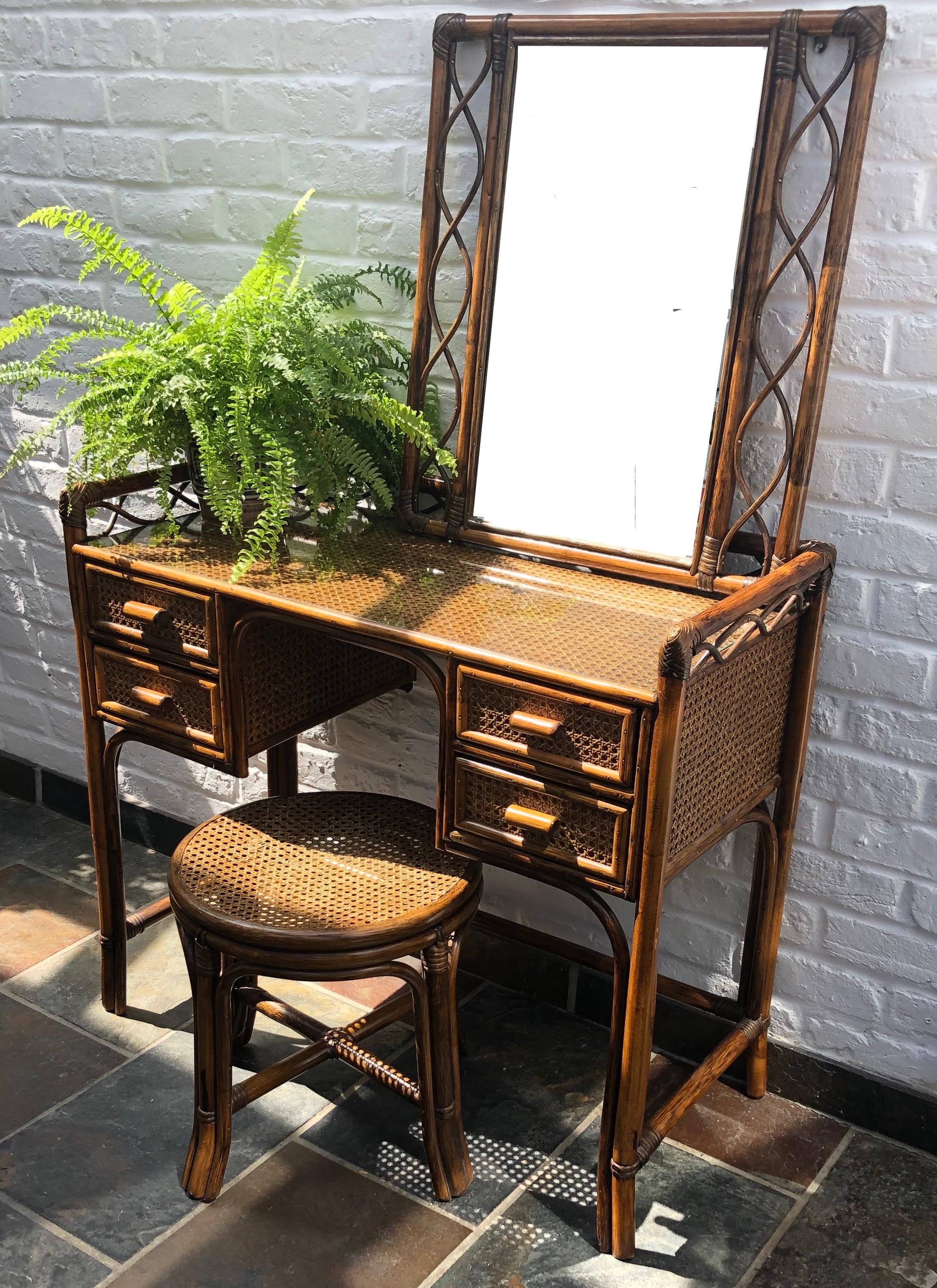 Late 20th Century Midcentury Rattan Cane Dressing Table or Desk, Stool and Wall Mirror Set, 1970s