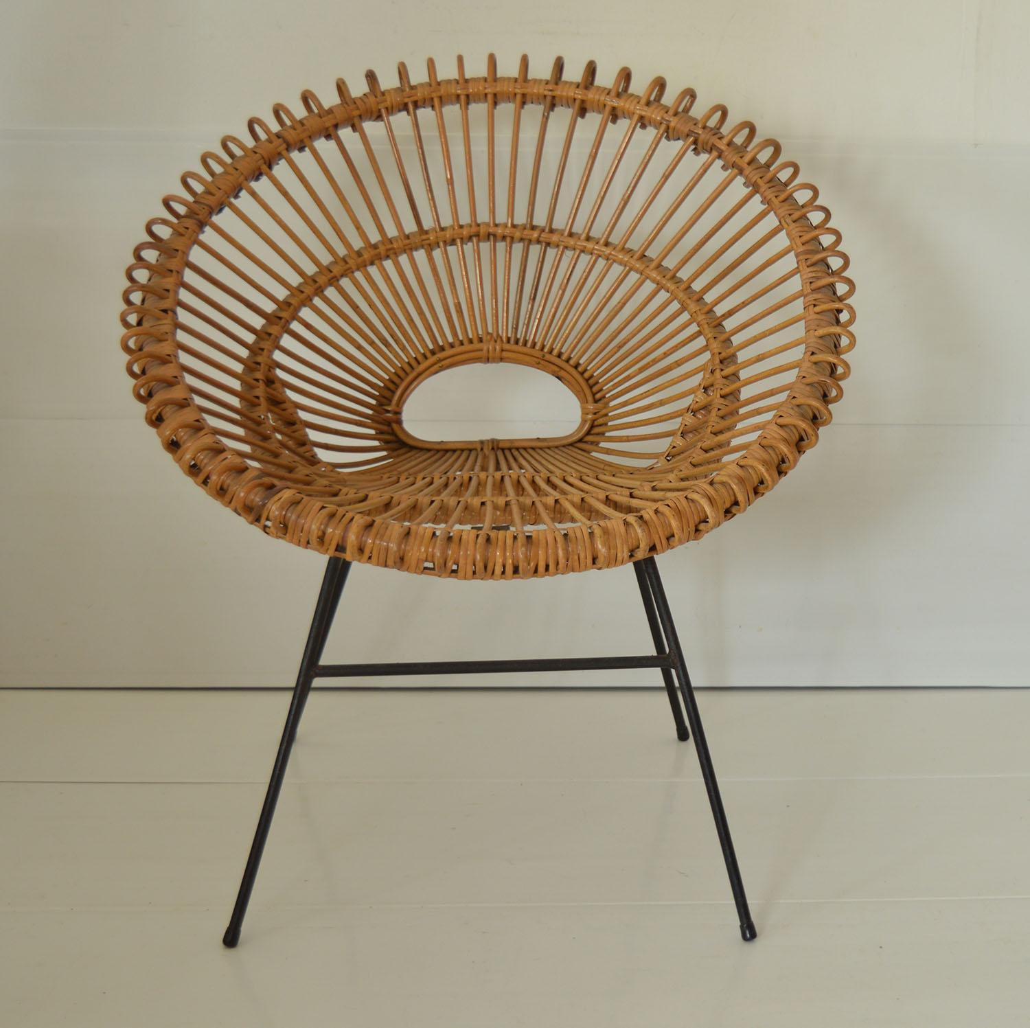 Mid-Century Modern Midcentury Rattan Chair in the Style of Franco Albini, Italian, 1950s