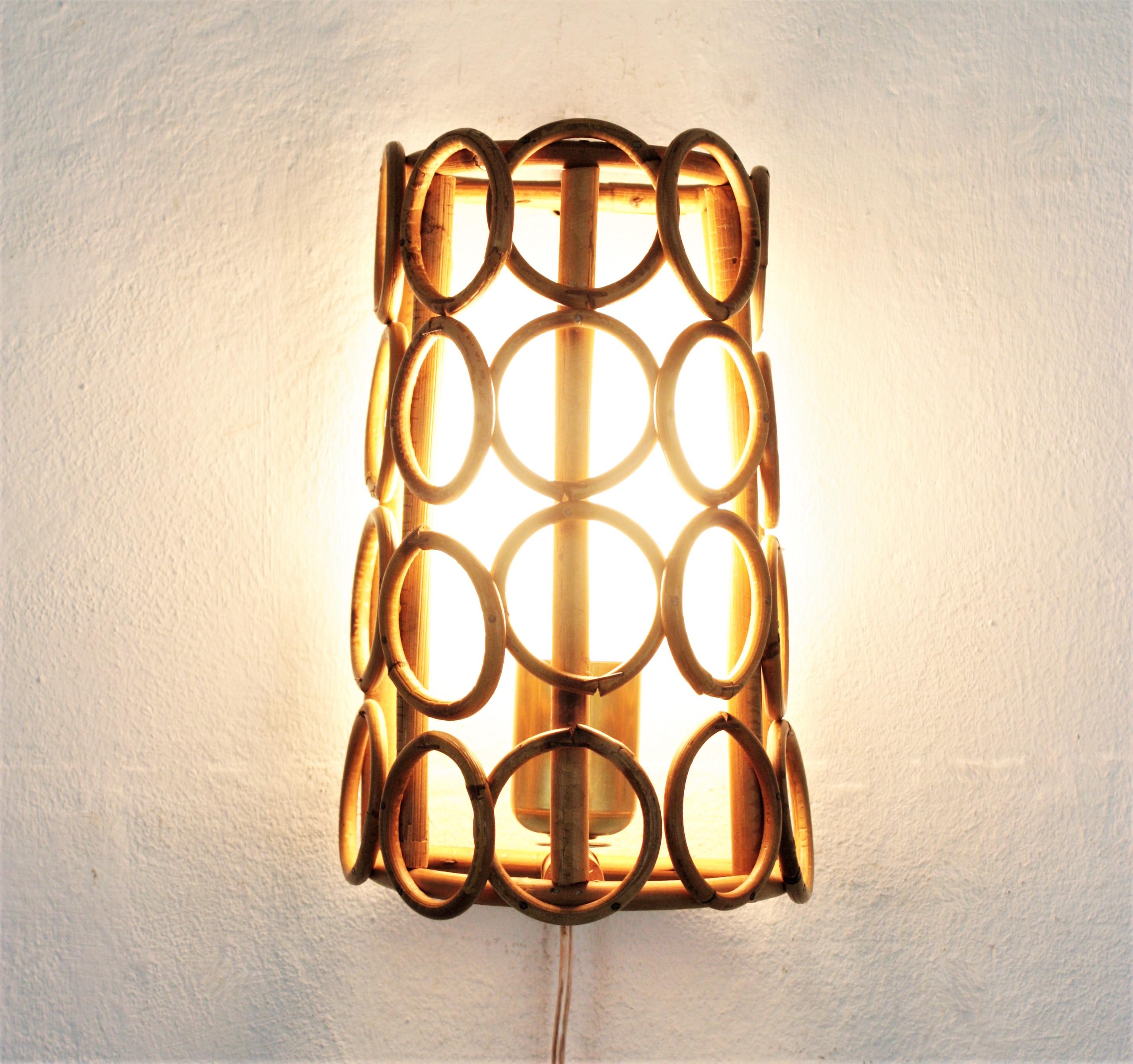 French Midcentury Rattan Conical Wall Light For Sale
