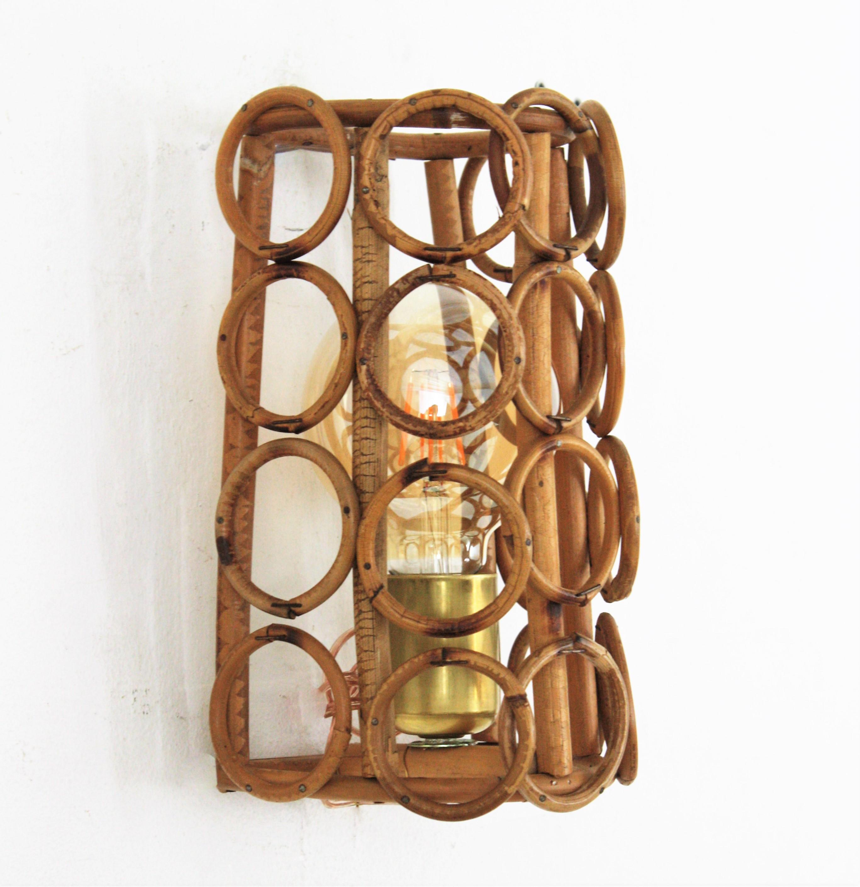 20th Century Midcentury Rattan Conical Wall Light For Sale