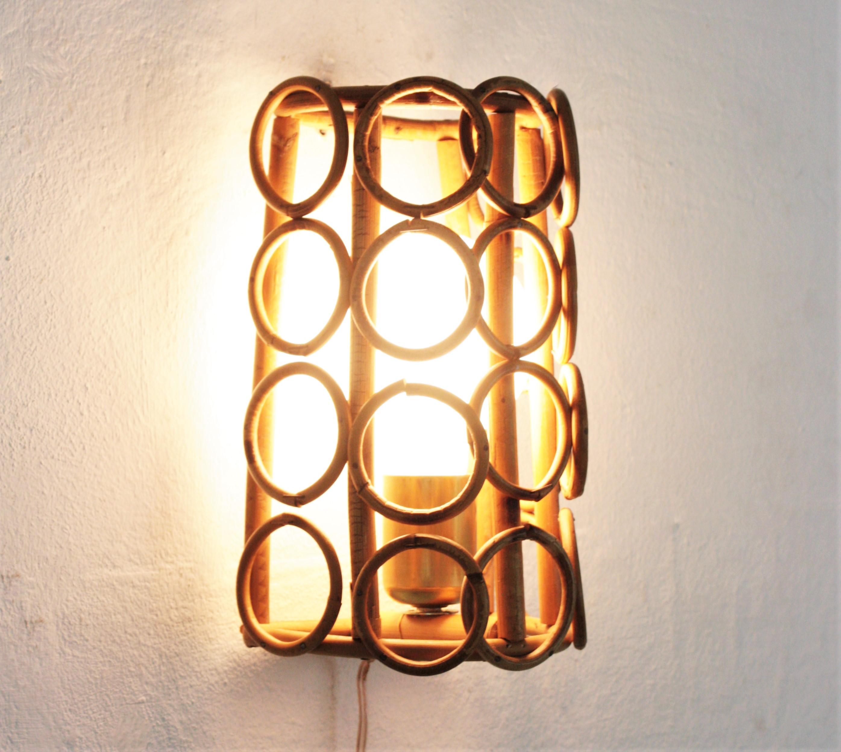 Midcentury Rattan Conical Wall Light For Sale 1