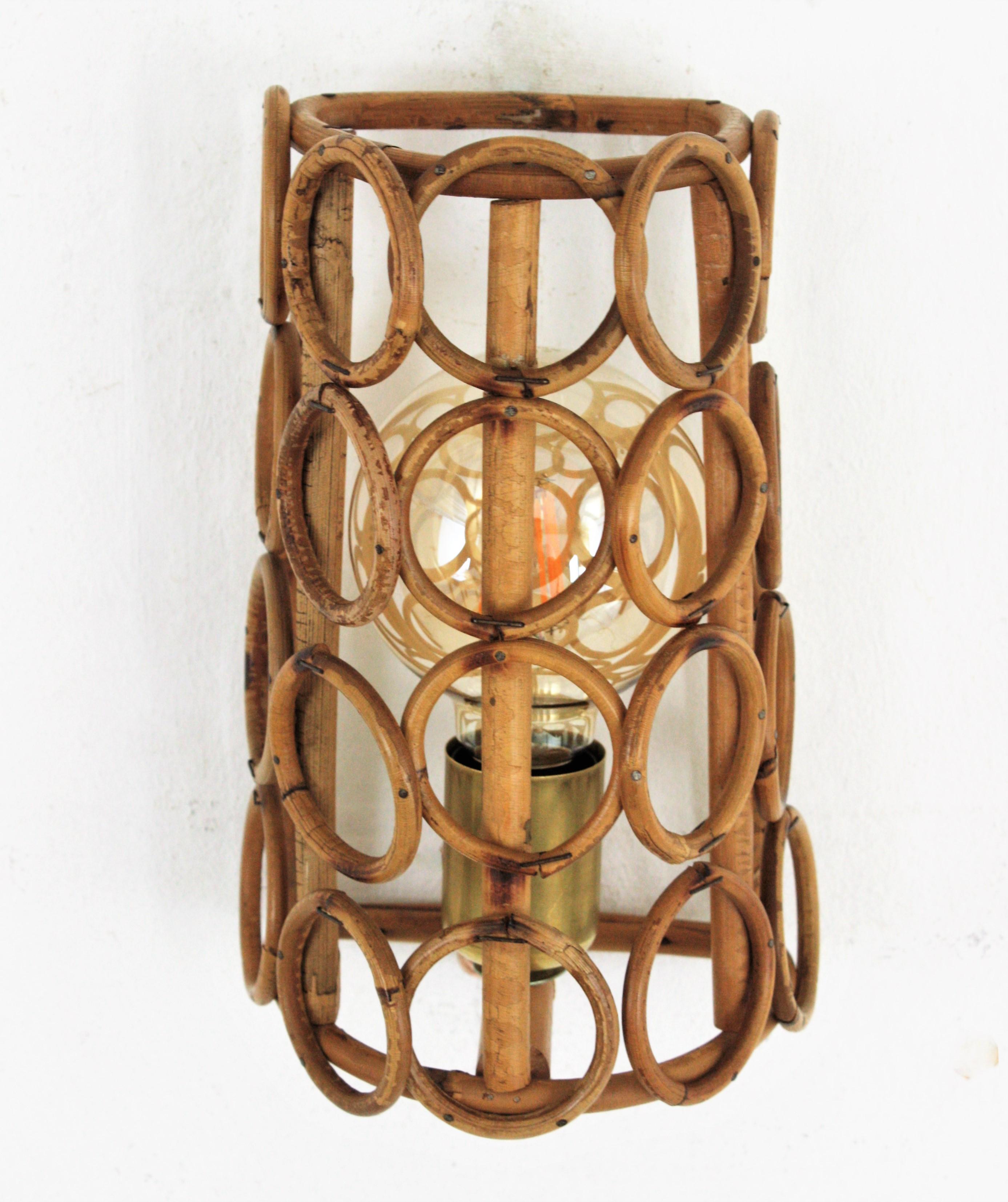 Midcentury Rattan Conical Wall Light For Sale 2