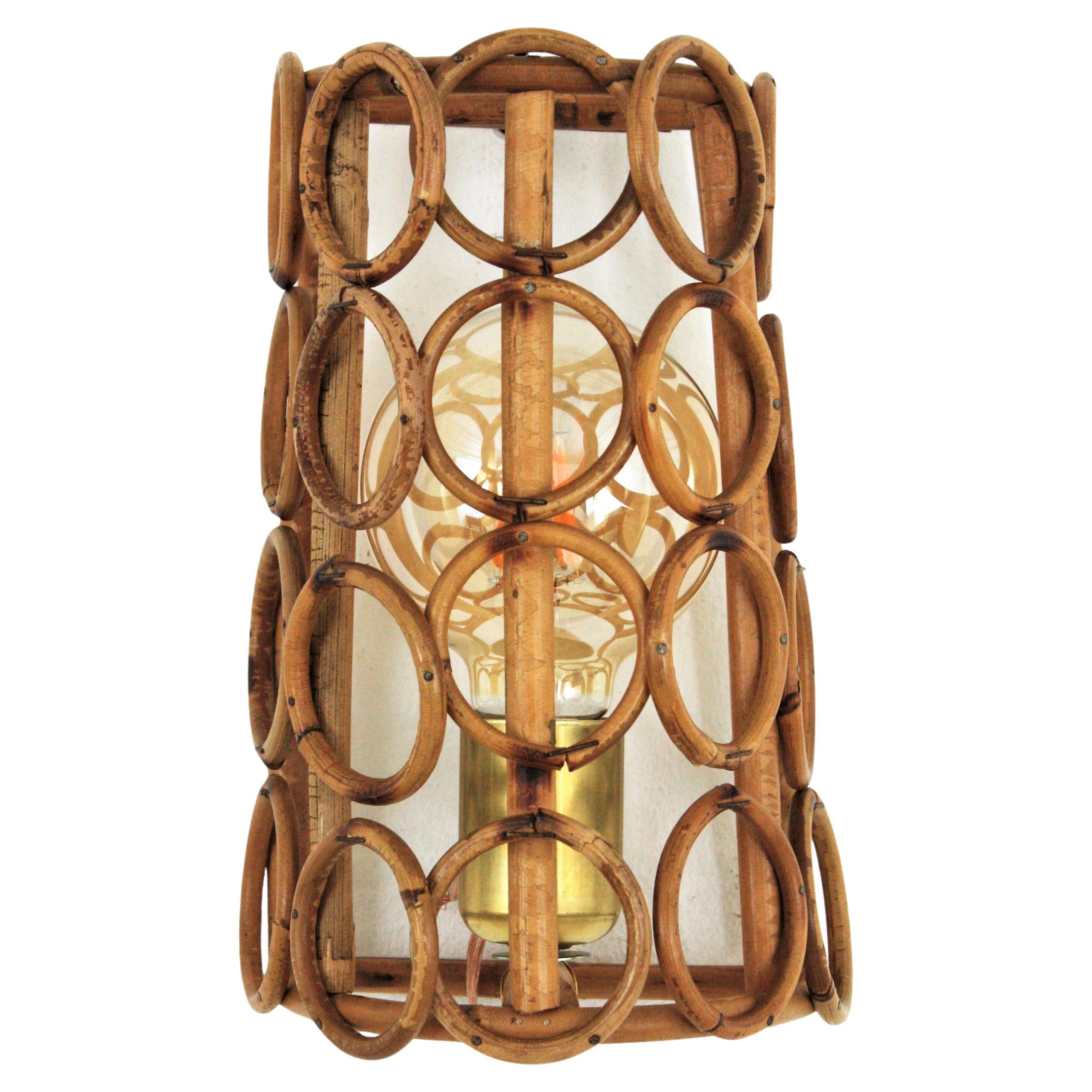 Midcentury Rattan Conical Wall Light For Sale