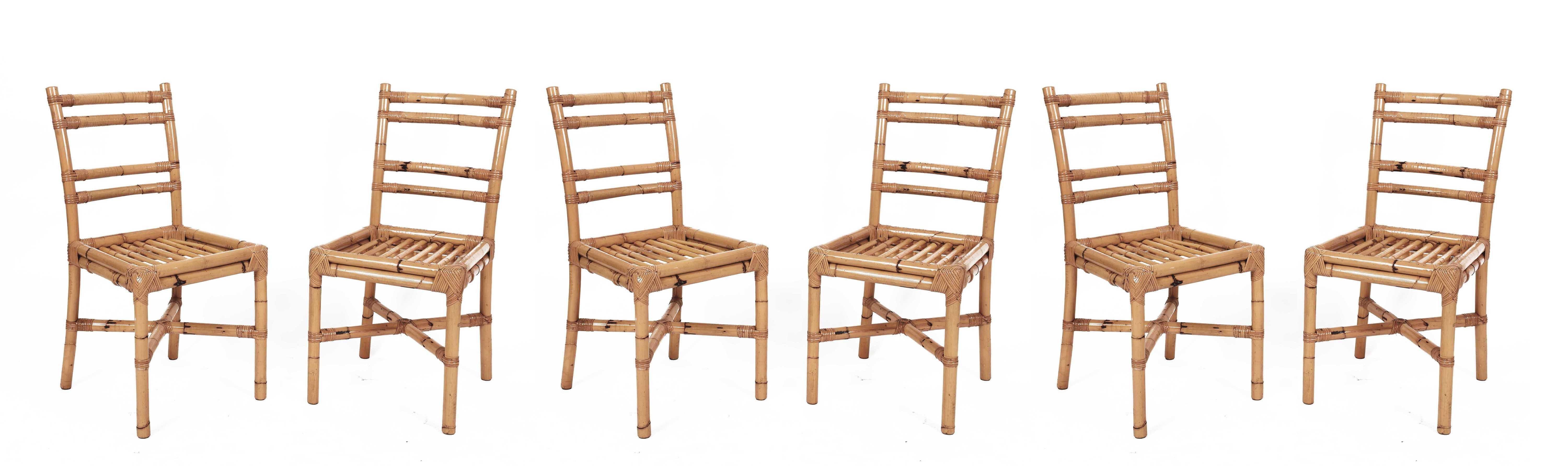 Midcentury Rattan Dining Room Italian Side Chairs with Rattan Sticks Seat, 1970s 5