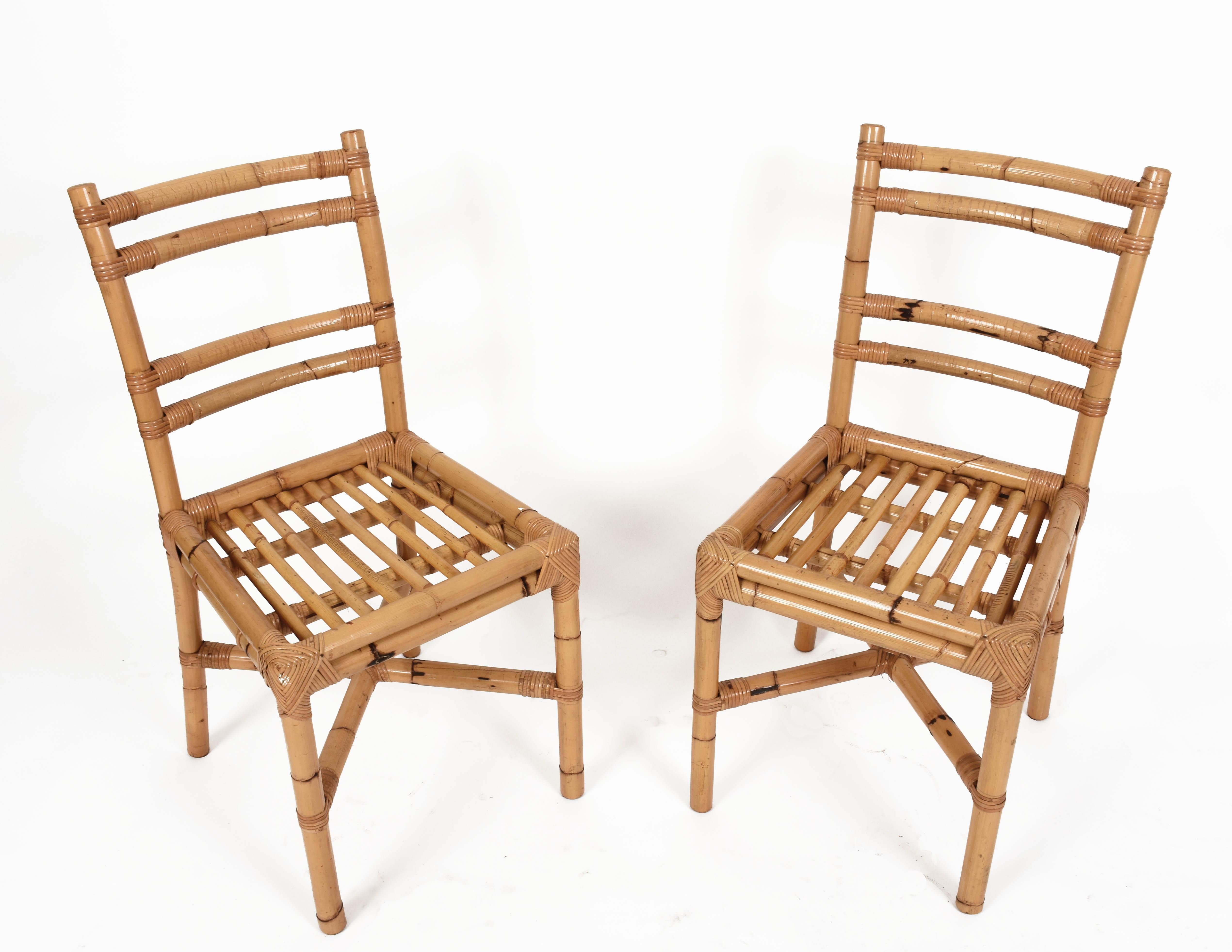 Midcentury Rattan Dining Room Italian Side Chairs with Rattan Sticks Seat, 1970s In Good Condition In Roma, IT