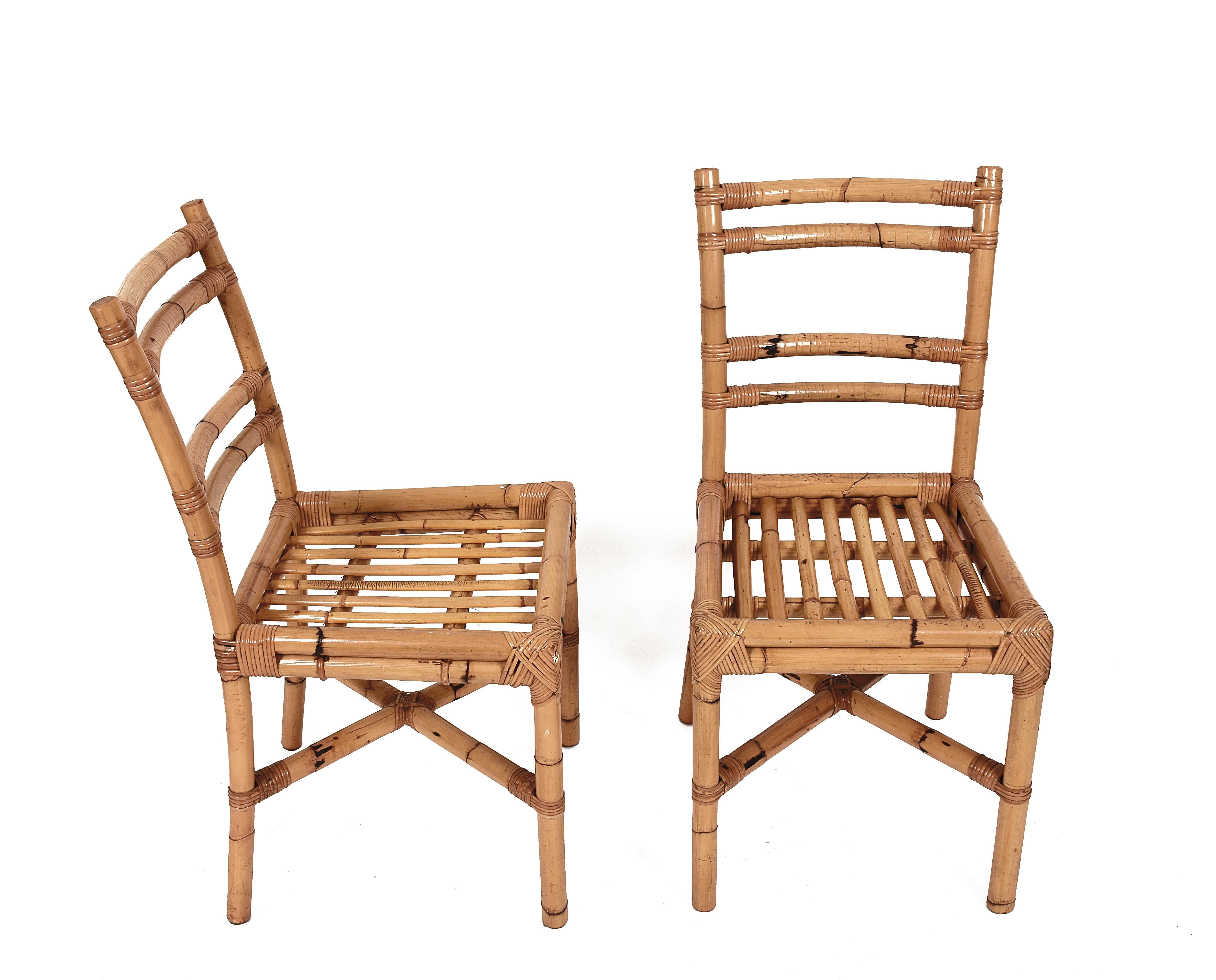 Late 20th Century Midcentury Rattan Dining Room Italian Side Chairs with Rattan Sticks Seat, 1970s