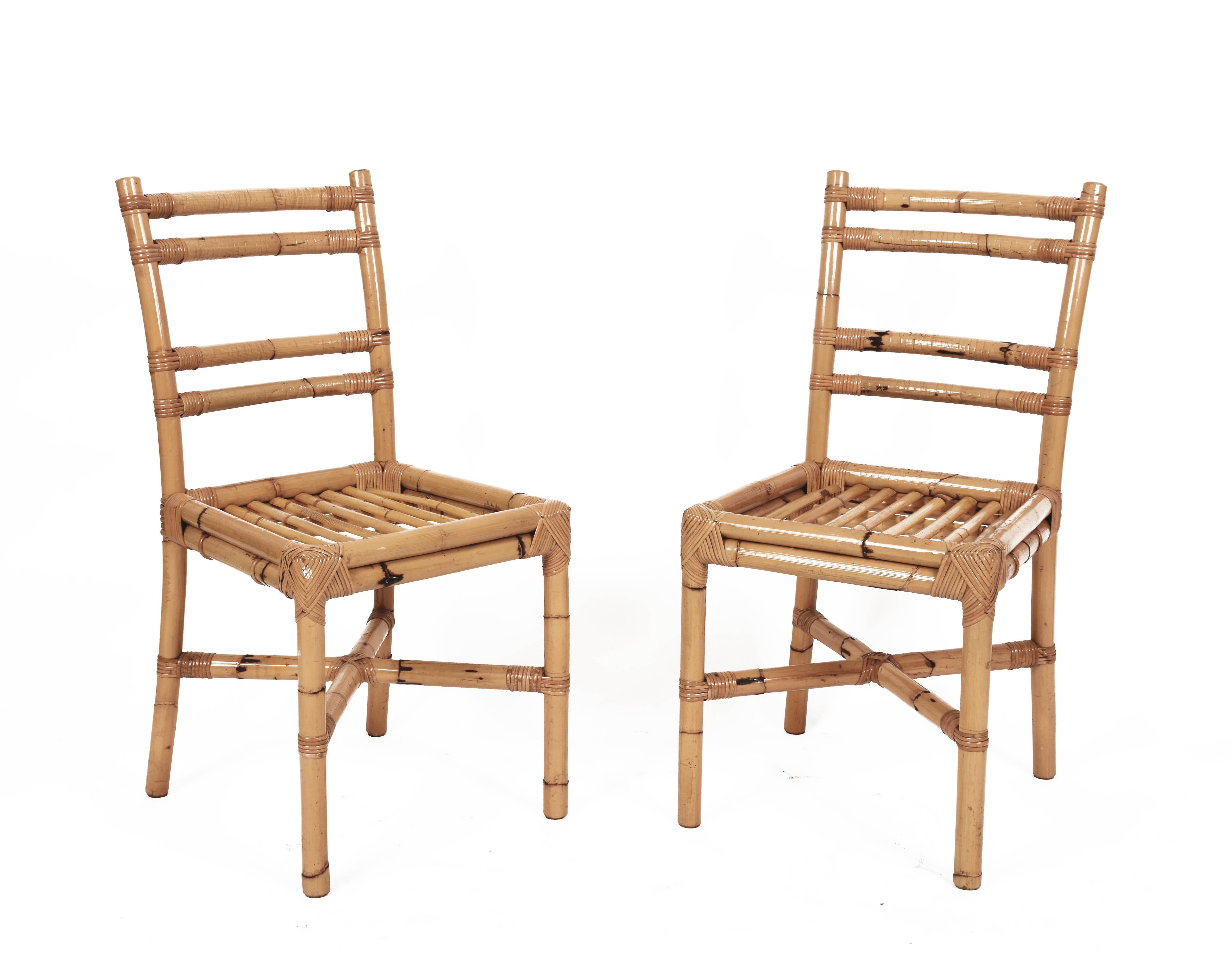 Midcentury Rattan Dining Room Italian Side Chairs with Rattan Sticks Seat, 1970s 3
