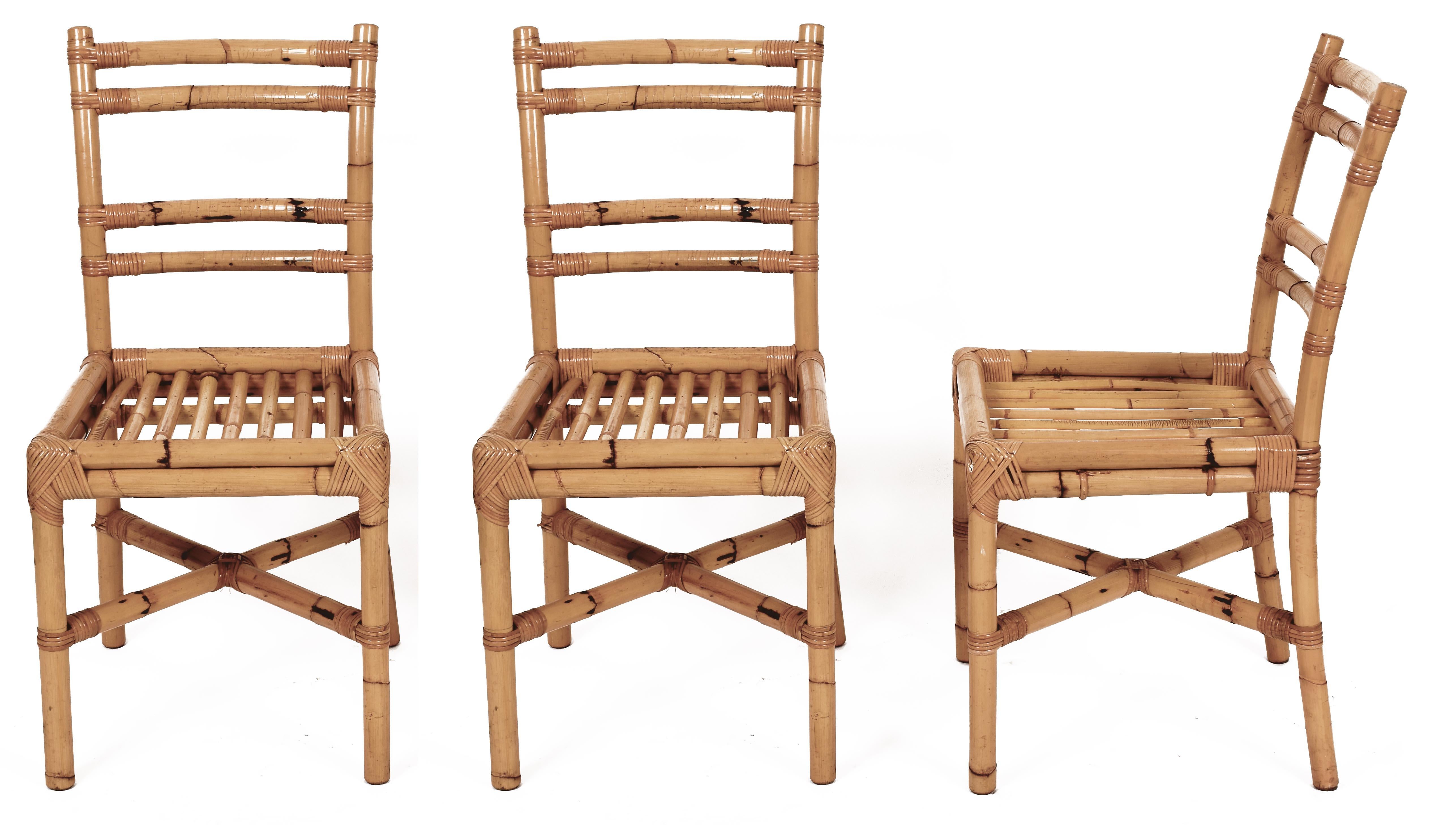 Midcentury Rattan Dining Room Italian Side Chairs with Rattan Sticks Seat, 1970s 4