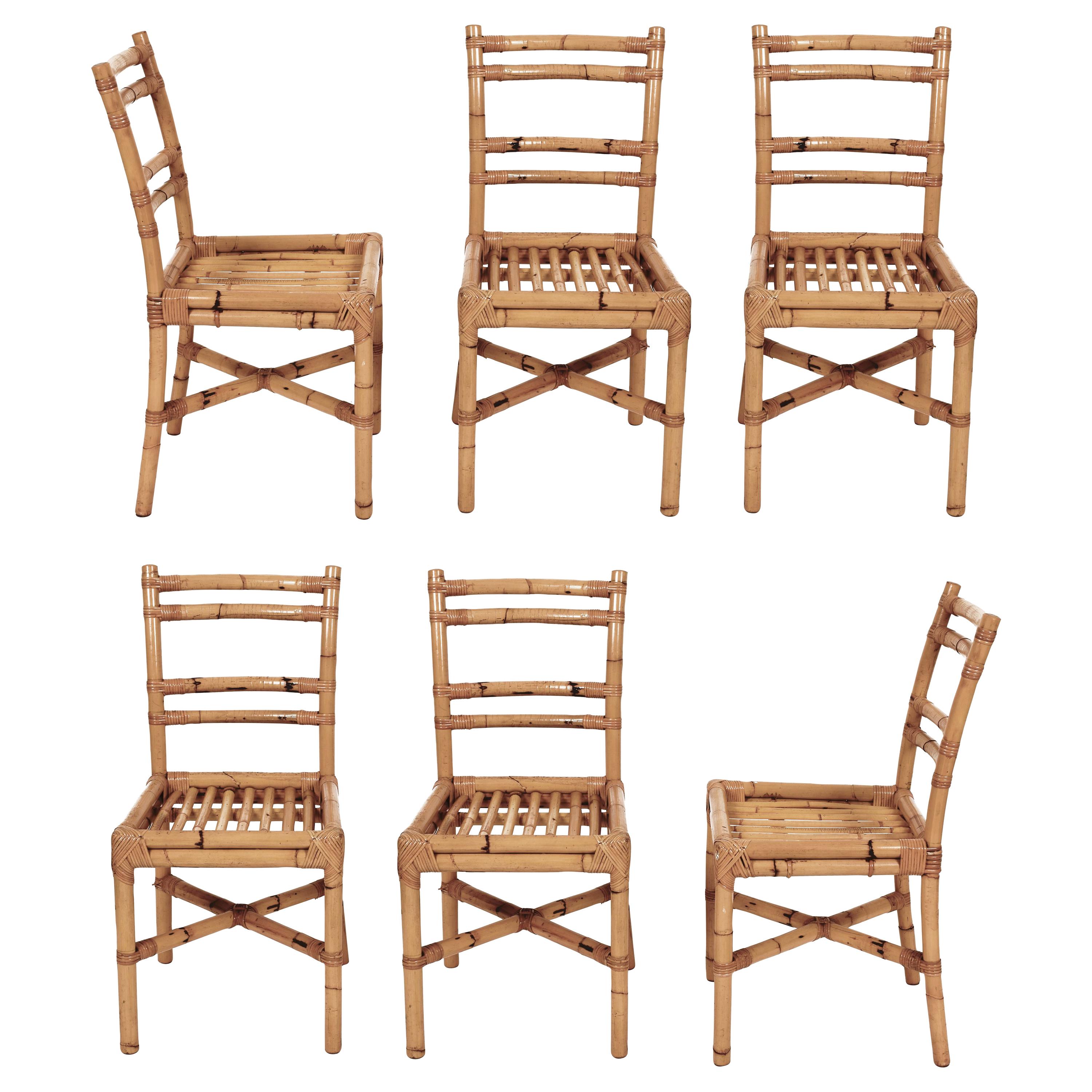Midcentury Rattan Dining Room Italian Side Chairs with Rattan Sticks Seat, 1970s