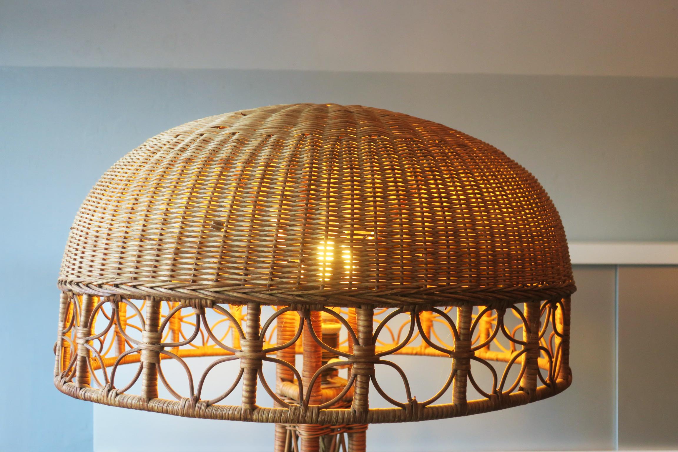 German Midcentury Rattan Floor Lamp with Rattan Shade